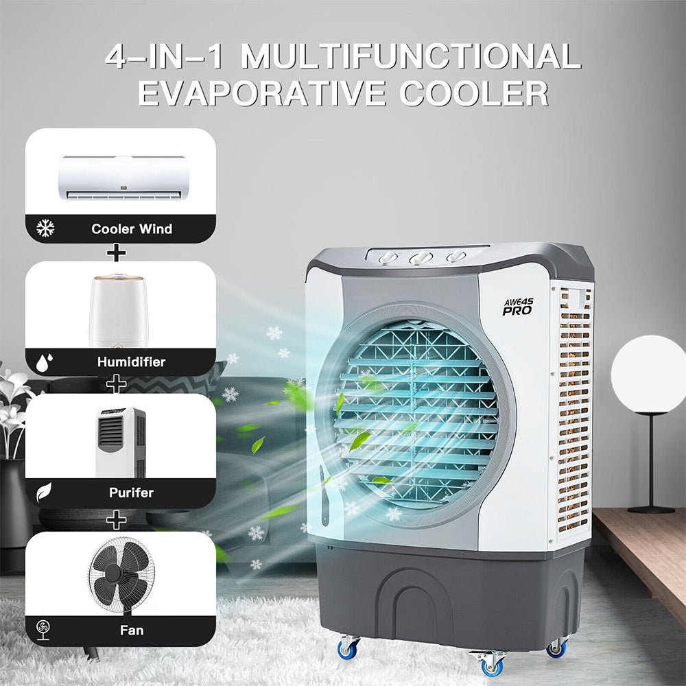 4-in-1 Portable Evaporative Air Cooler Fan - 9740 CFM High Capacity Cooling for Indoor & Outdoor Use - Perfect for Home, Office, Patio, and Garage