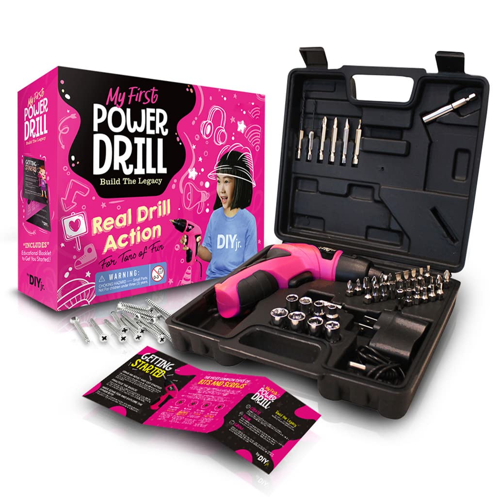 My First Power Drill for Kids - 60-Piece Rechargeable Cordless Pink Drill Set with LED Light & Carrying Case - STEM Learning & Construction Toy for Girls & Boys - Perfect for DIY Projects, Home Repairs & Pretend Play