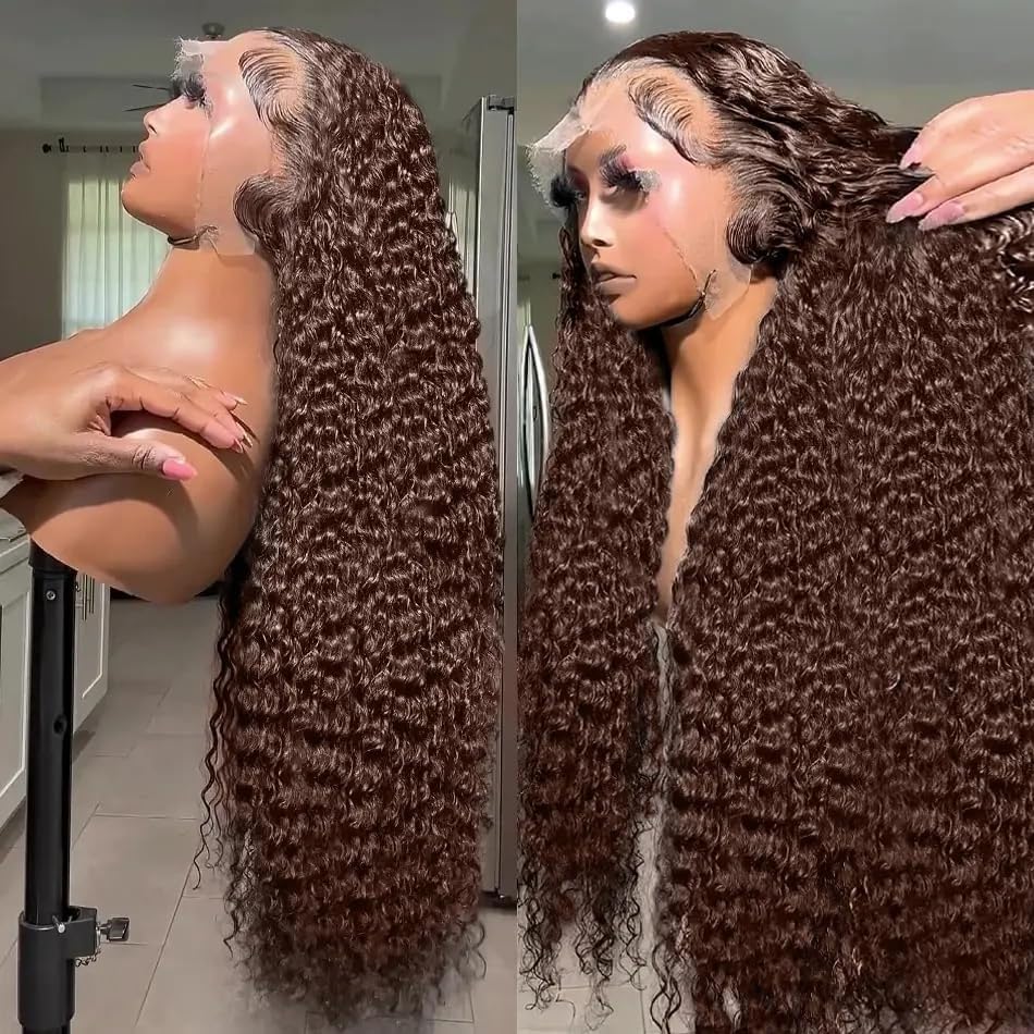 200 Density Chocolate Brown 13x6 Deep Wave Lace Front Wig - 100% Human Virgin Hair with HD Transparent Lace & Pre-Plucked Hairline for Women | Natural Wet & Wavy Curls, 28 Inch Length | Perfect for Daily Wear, Parties, Cosplay and Special Occasions