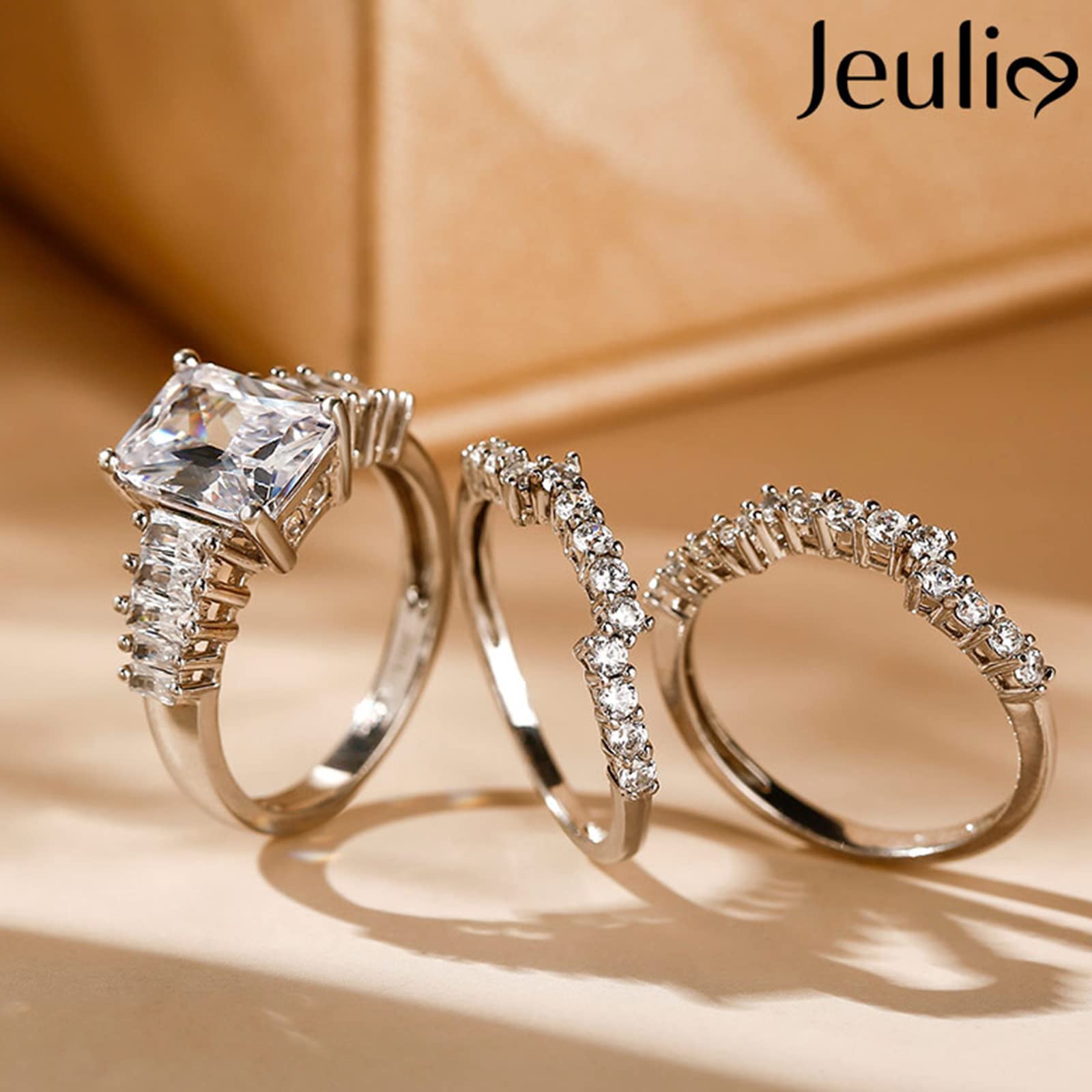 Jeulia 3-Piece Wedding Ring Set - 5.2ct Radiant Cut Engagement Ring & Eternity Bands in Sterling Silver with Cubic Zirconia | Bridal Jewelry for Proposals, Weddings & Anniversaries | Perfect Gift for Her