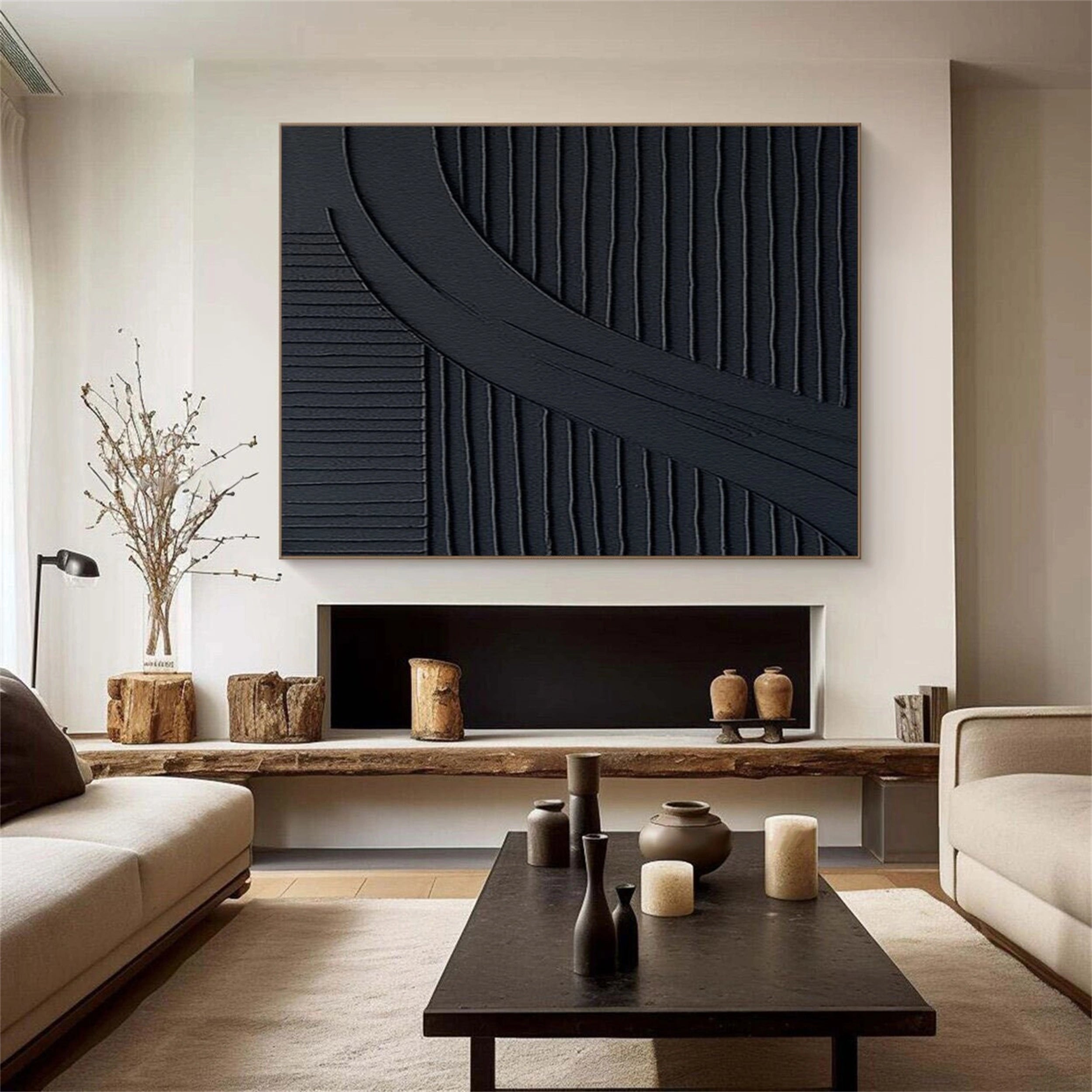 Black Plaster Art Minimalist Textured Painting - Modern Abstract Wall Decor for Living Room, Bedroom & Office - #MZ063