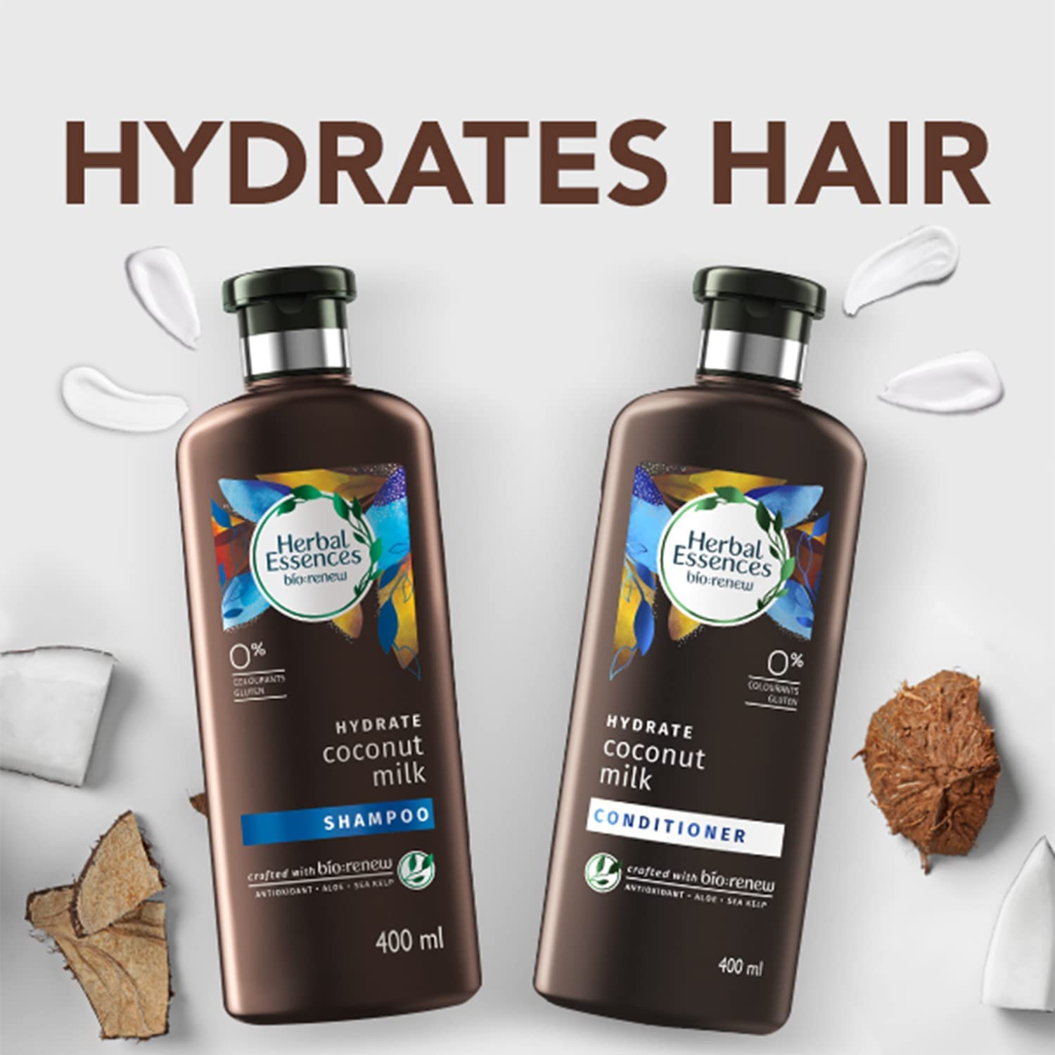 Herbal Essences bio:renew Coconut Milk Shampoo - 400ml Sulfate Free, Paraben Free & Colorant Free for Hydrated & Shiny Hair - Perfect for Dry & Damaged Hair Care Routine