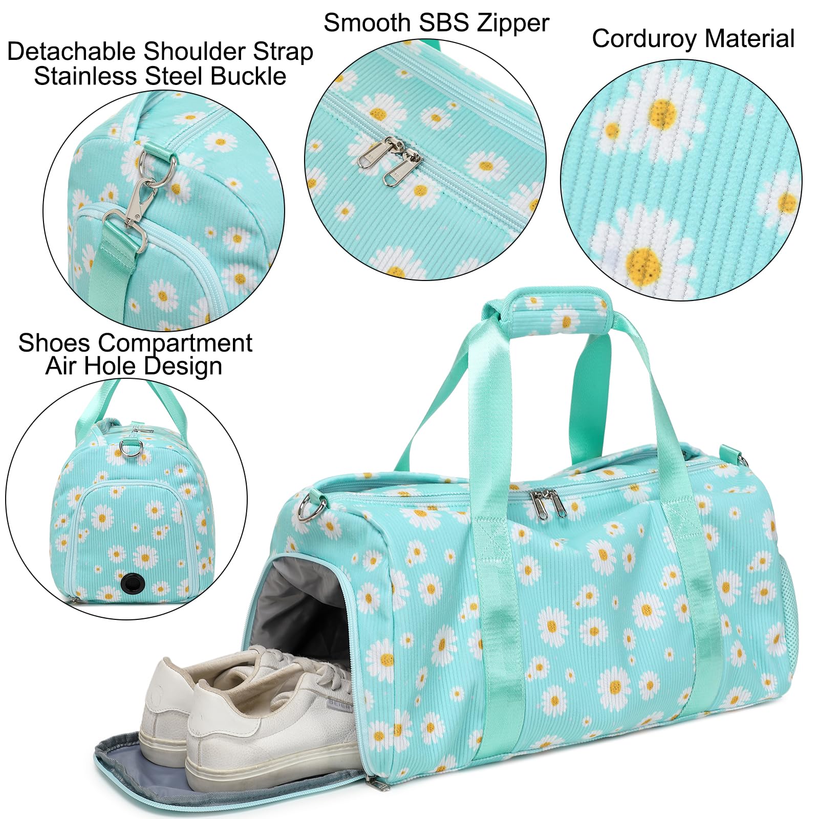 Corduroy Gym Bag for Women - Sports Duffle Ballet Dance Weekender Overnight Yoga Cheer Bag with Separate Wet/Dry Pocket & Shoe Compartment - Perfect for Gym, Travel & Dance Class (Green Daisy)
