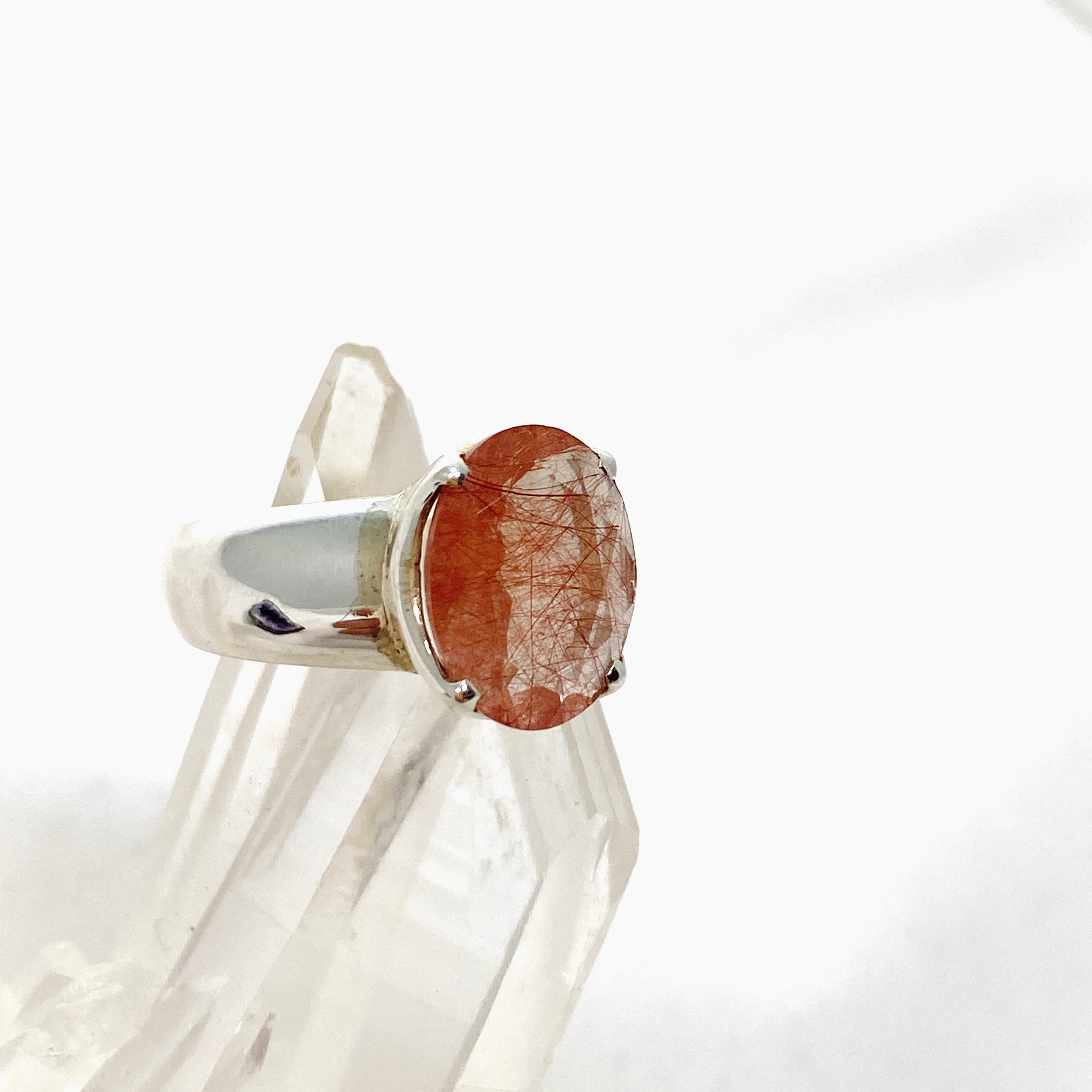 Natural Rutilated Quartz (Red) Oval Faceted Ring Size 6.5 - Handmade Sterling Silver Jewelry for Women, Gift for Her, Wedding, Anniversary & Special Occasions