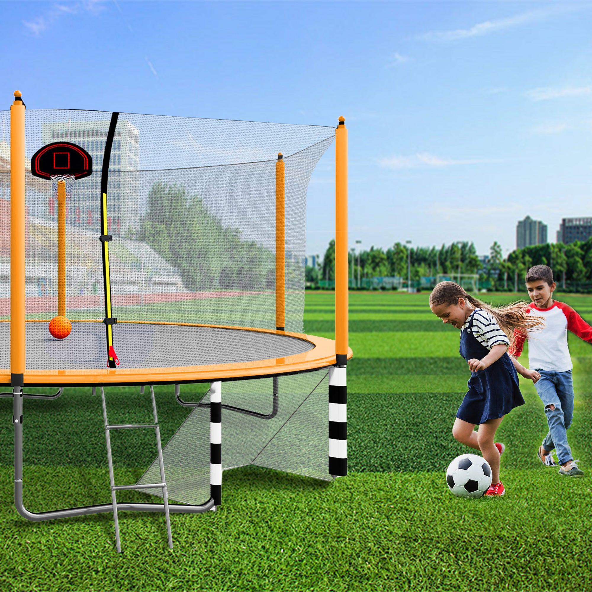 16FT Trampoline with Basketball Hoop, Pump & Ladder - Includes Inner Safety Enclosure & Soccer Goal (Orange) | Perfect for Backyard Fun, Outdoor Exercise & Family Bonding Activities