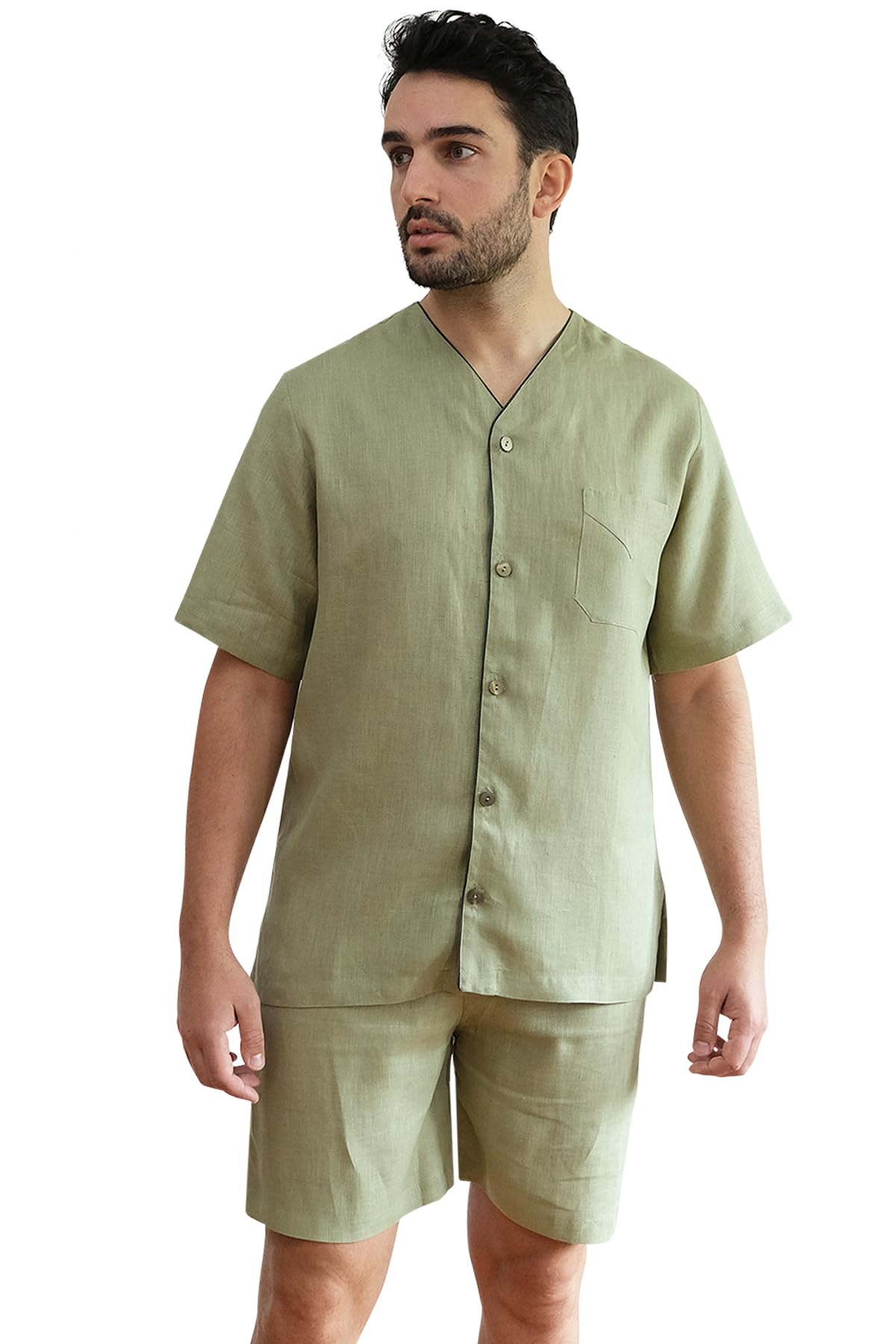 Men's V-Neck Linen Short Pajamas Set - Premium European Made Sleepwear for Summer Nights & Lounge Wear