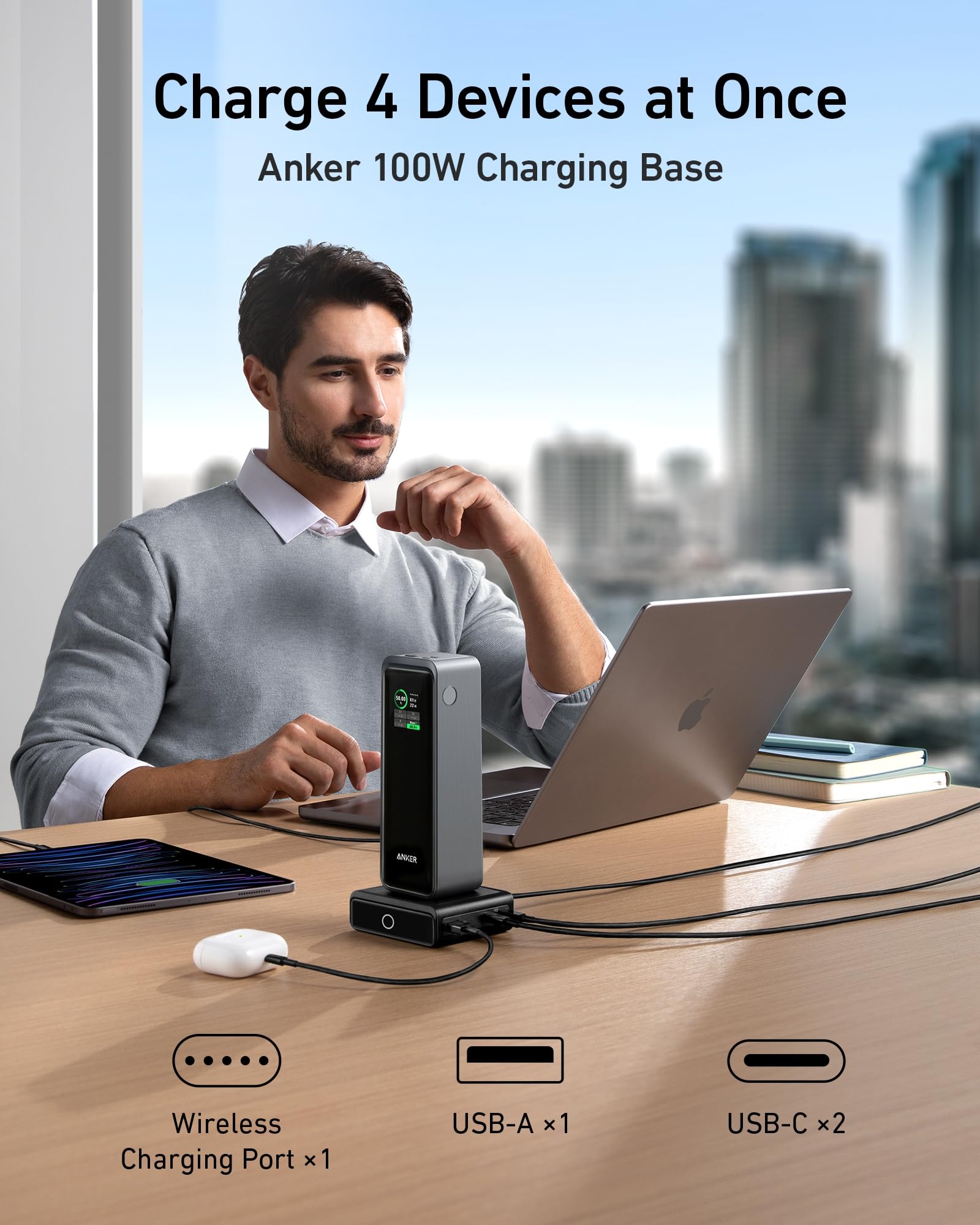 Anker Prime 27,650mAh Power Bank (250W) with 100W Charging Base - 3-Port Fast Portable Charger for iPhone 15/14 Series, MacBook, Samsung Galaxy, Dell Laptops, AirPods - Smart App Control | Perfect for Travel, Camping & Emergency Power Backup