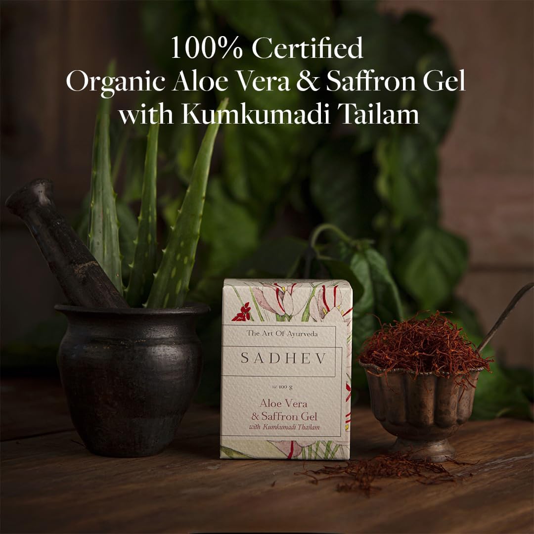 Pure Ayurvedic Aloe Vera Gel with Saffron & Kumkumadi Oil - 100% Natural, Chemical-Free Skincare for Face & Body - Perfect for Sunburn Relief, Moisturizing & Glowing Skin