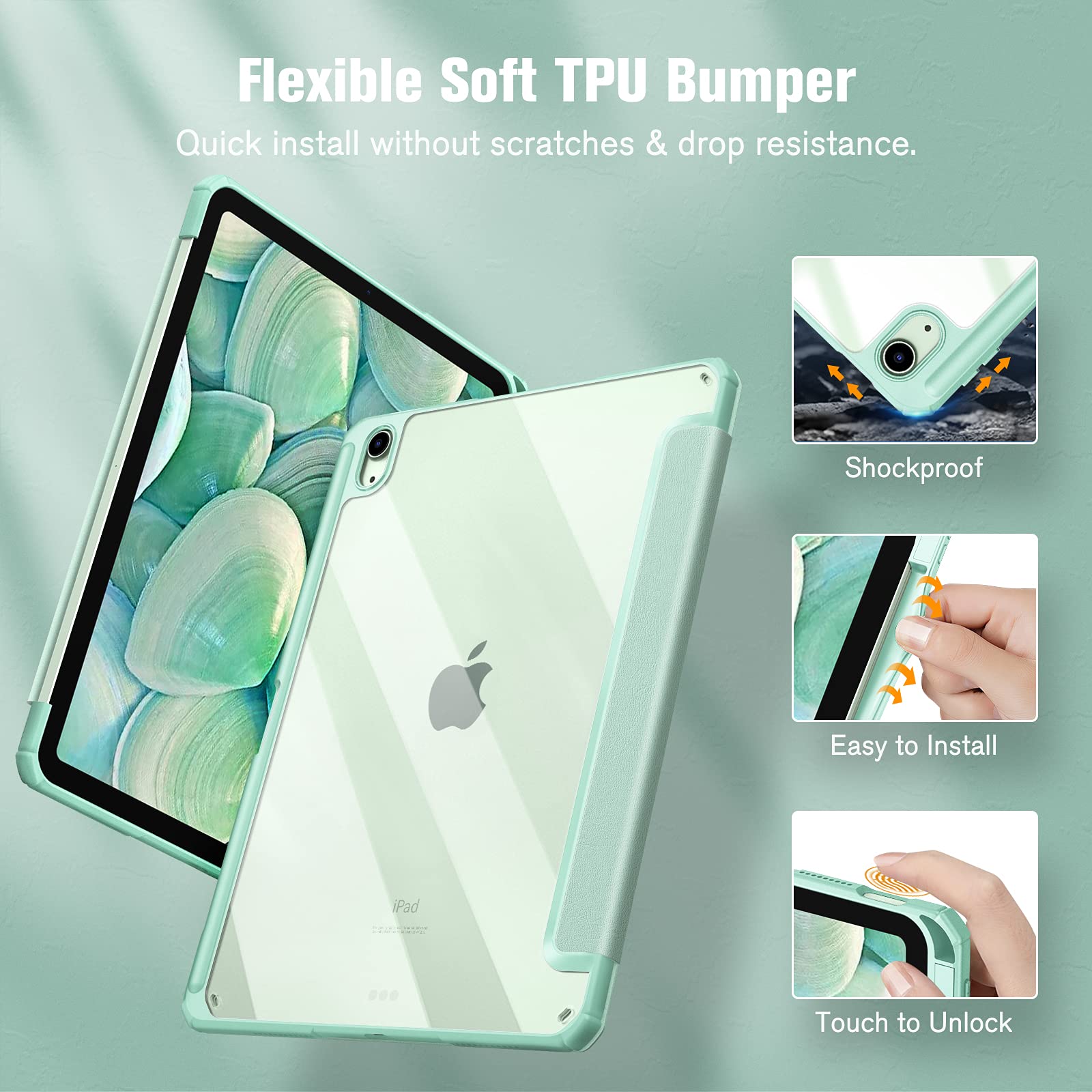 FINTIE Hybrid Shockproof Case for iPad Air 11 Inch (M3 2025/M2 2024) & 5th/4th Gen (2022/2020) - Slim Clear Protective Cover with Apple Pencil Holder & Auto Wake/Sleep Feature - Green | Perfect for Work, School & Travel Protection