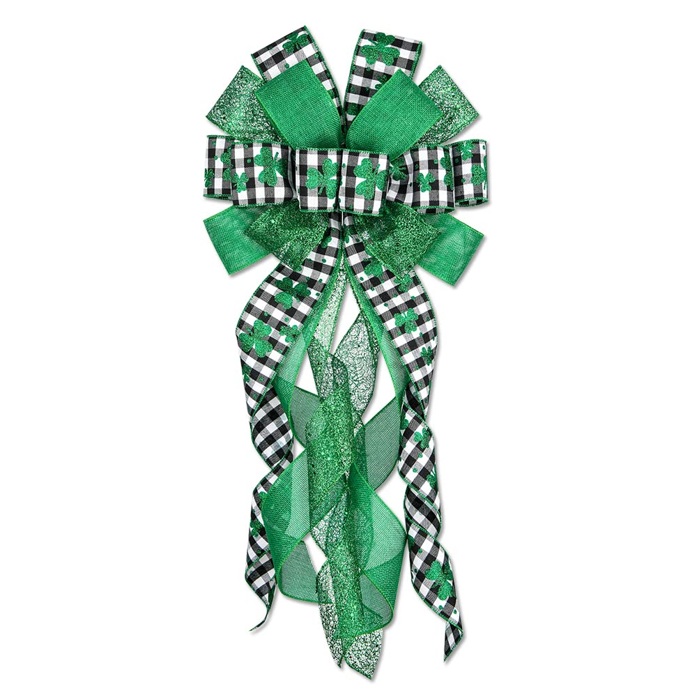 Large St. Patrick's Day Bows for Wreaths - Black & White Buffalo Plaid with Green Irish Shamrock - Holiday Burlap Tree Topper & Front Door Decor - Perfect for Wreath Making, Door Hangers, and St. Patrick's Day Party Decorations