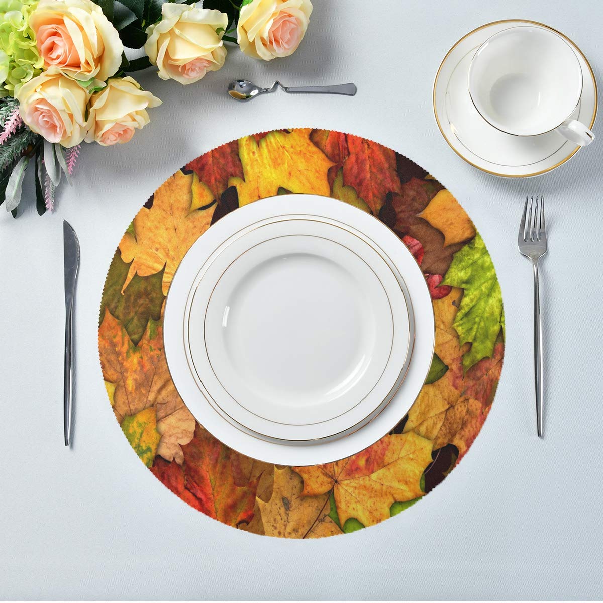 4-Pack Autumn Leaves Round Placemats - 15 Inch Fall Table Mats with Maple Leaf, Sunflower & Pumpkin Design for Kitchen, Dining Table, Dinner, Kids Holiday Party - Perfect for Thanksgiving, Halloween Decor & Seasonal Home Decorating