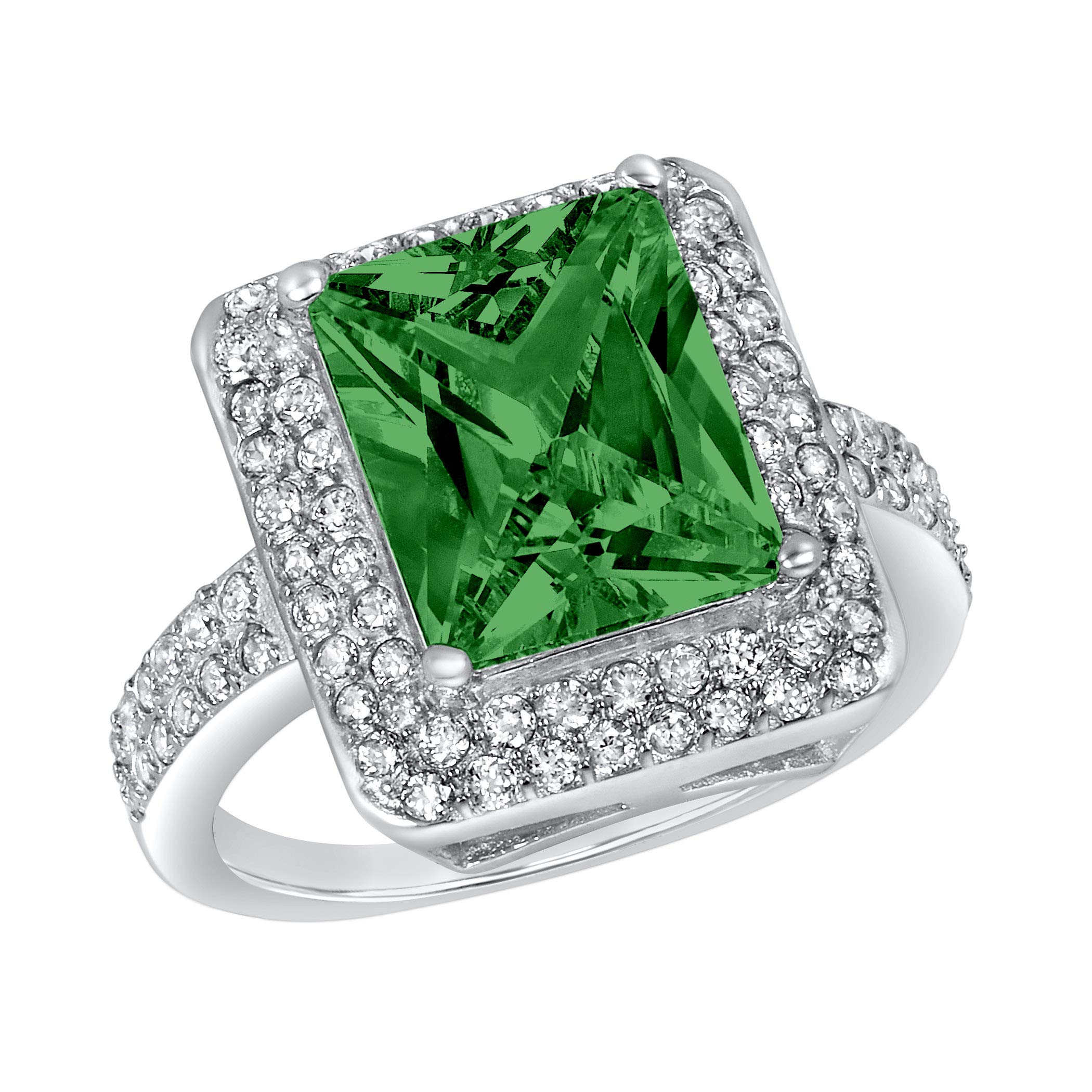 West Coast Jewelry | ELYA Sterling Silver Emerald Green Radiant-Cut Cubic Zirconia Double Halo Ring for Women - Elegant Wedding, Engagement, Anniversary Gift Idea