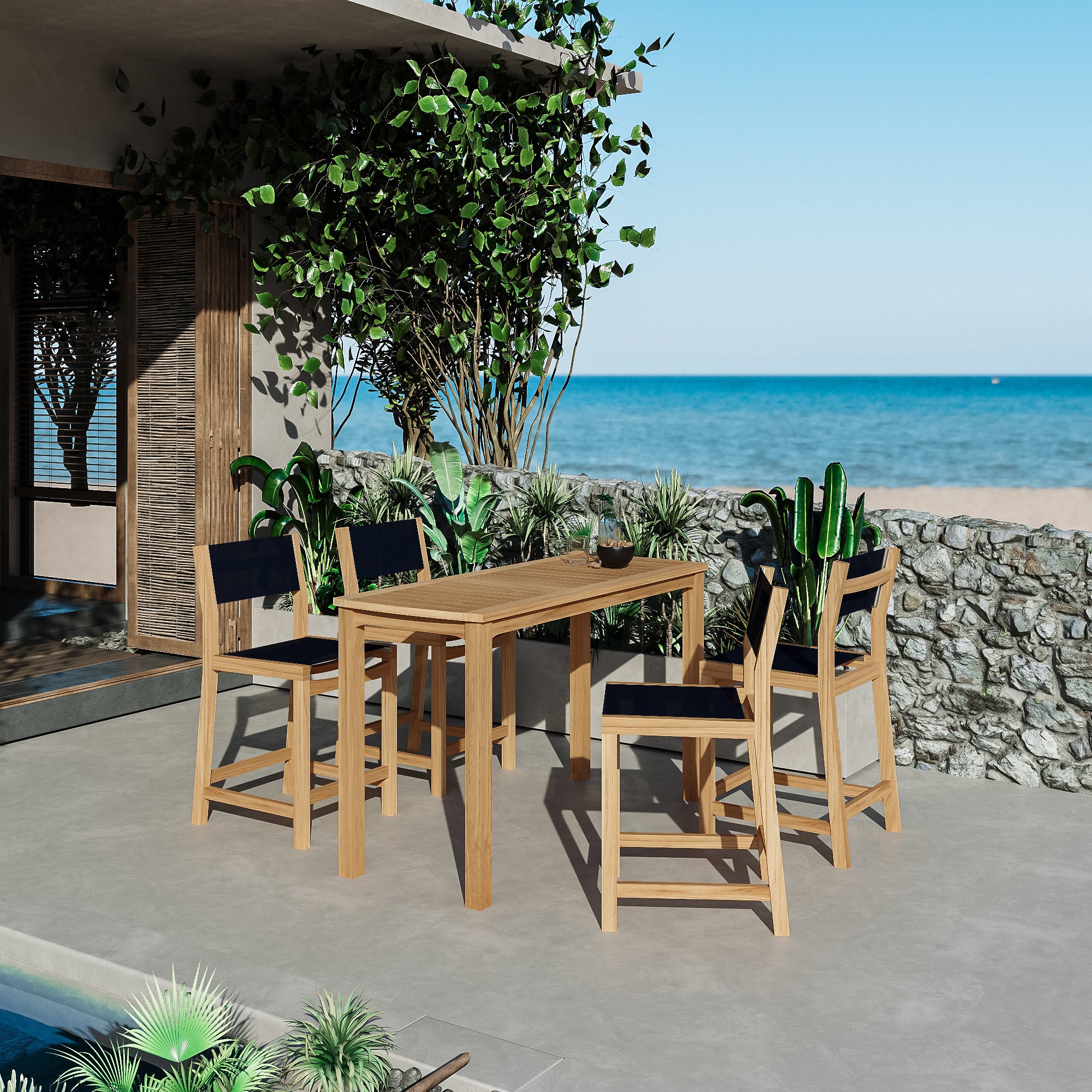 Premium 5-Piece Black Teak Outdoor Counter Height Dining Set - Rectangular Table & Chairs for Patio, Garden, or Poolside Entertaining
