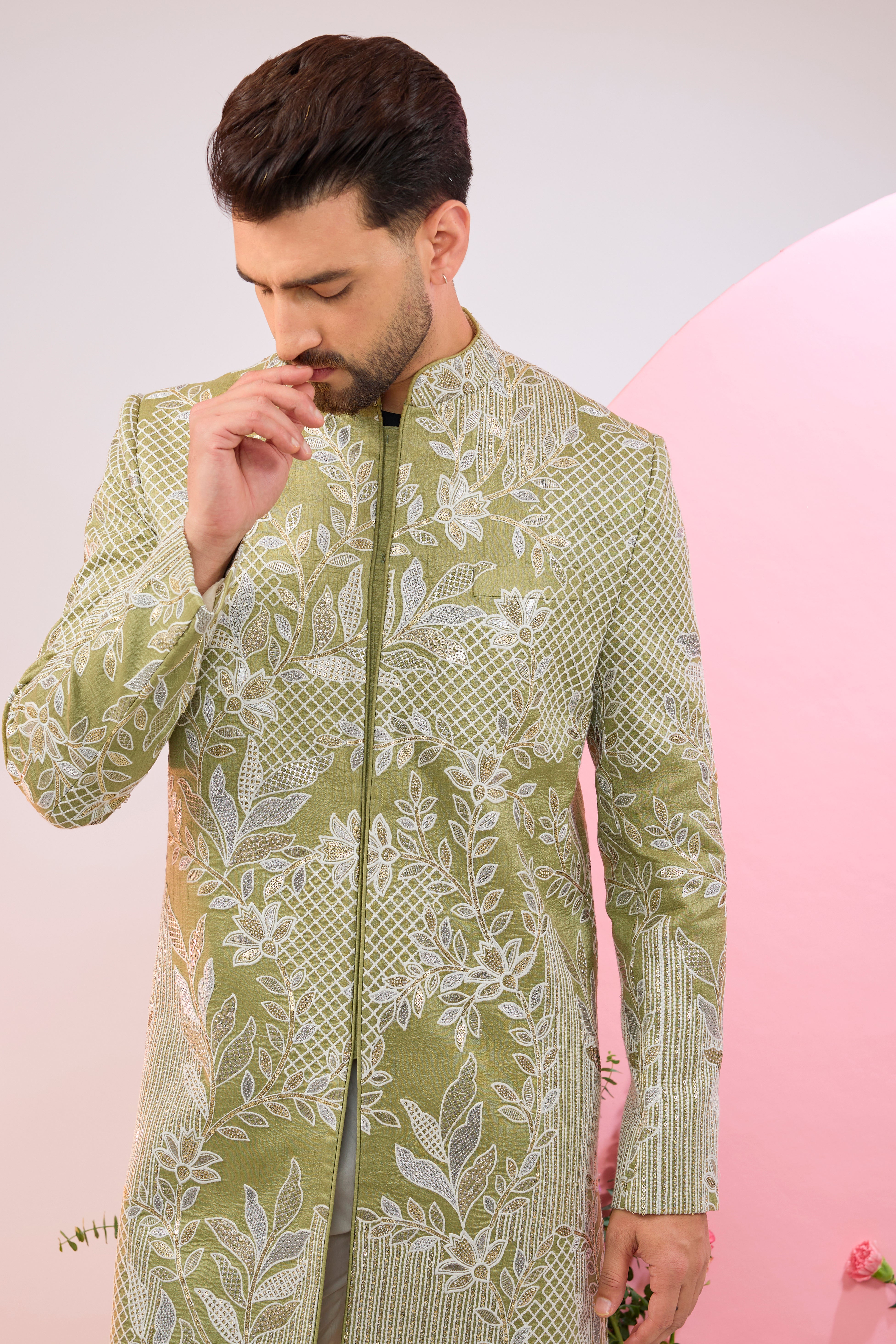 Lime Green Floral Embroidered Sherwani for Men - Traditional Indian Wedding Outfit & Festive Occasion Wear