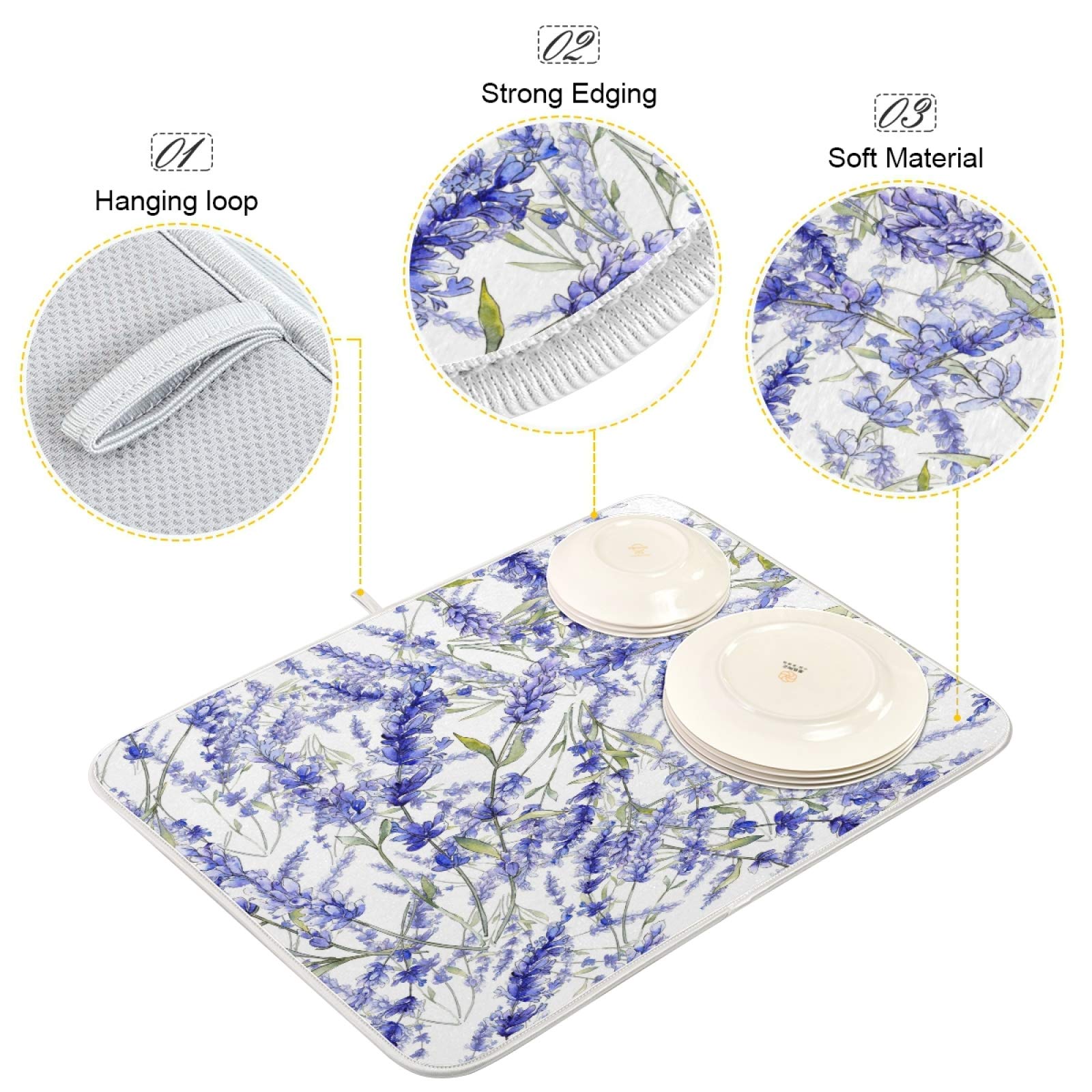 ALAZA Purple Violet Lavender Flowers Dish Drying Mat - Absorbent Microfiber Kitchen Countertop Pad (18x24 Inch) for Dishes, Utensils & Cookware - Perfect for Kitchen, Dining Room & RV Use