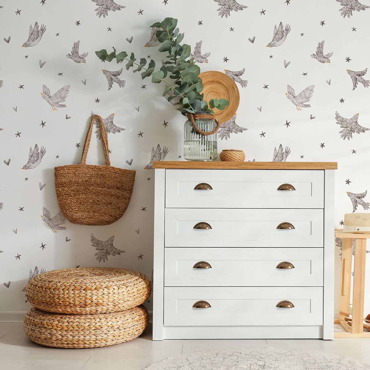 Grey Bird Peel and Stick Removable Wallpaper 8552 - Self-Adhesive Decorative Wall Covering for Bedroom, Nursery & Home Decor - Easy to Install & Remove