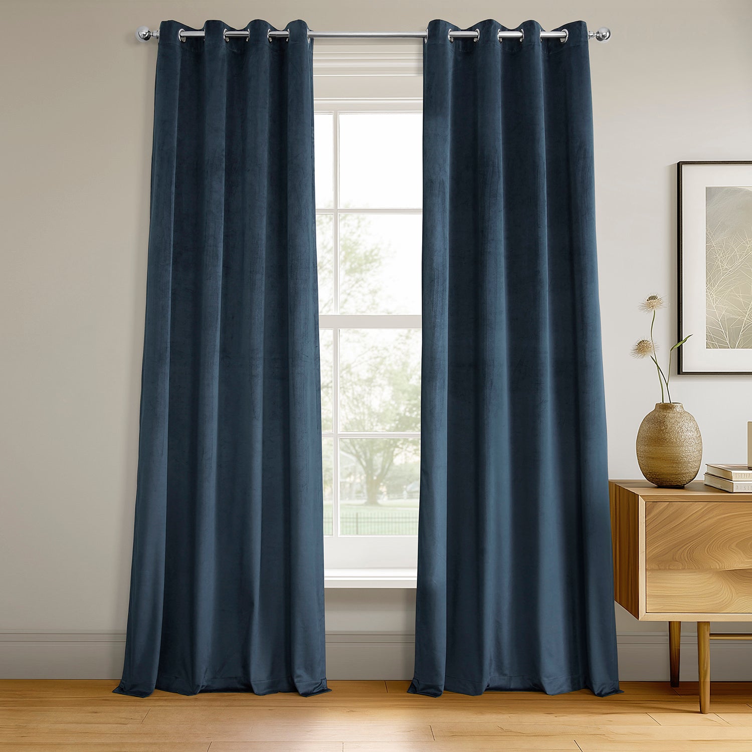 Midnight Blue Blackout Curtains with Grommet Top - Thermal Insulated Velvet Drapes for Bedroom & Living Room - Noise Reducing & Light Blocking Window Treatments for Home Decor