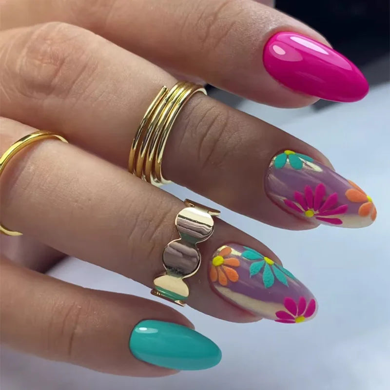 24Pcs Short Almond Press on Nails - Full Cover False Nails with Garden Flower Design, Colorful Wearable Manicure for Women & Girls | Perfect for Parties, Weddings, Daily Wear & Nail Art Enthusiasts