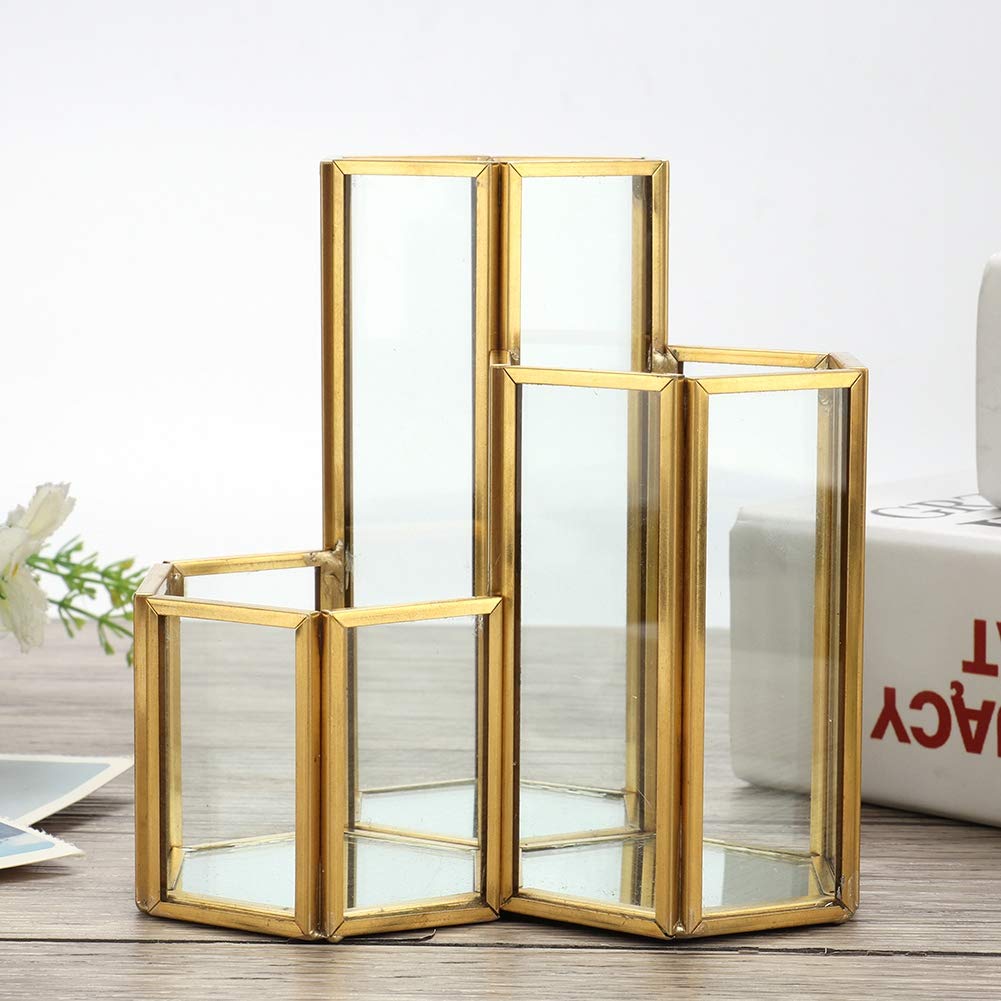 4.72in Clear Glass Pen Holder with 3 Compartments - Copper Plated Metal Inlay Pencil Organizer & Makeup Brush Holder - Vanity Desk Organizer for Storing Makeup Brushes, Pens, Mascara, Lipstick (Gold) - Perfect for Office, Home Desk & Beauty Vanity Organization