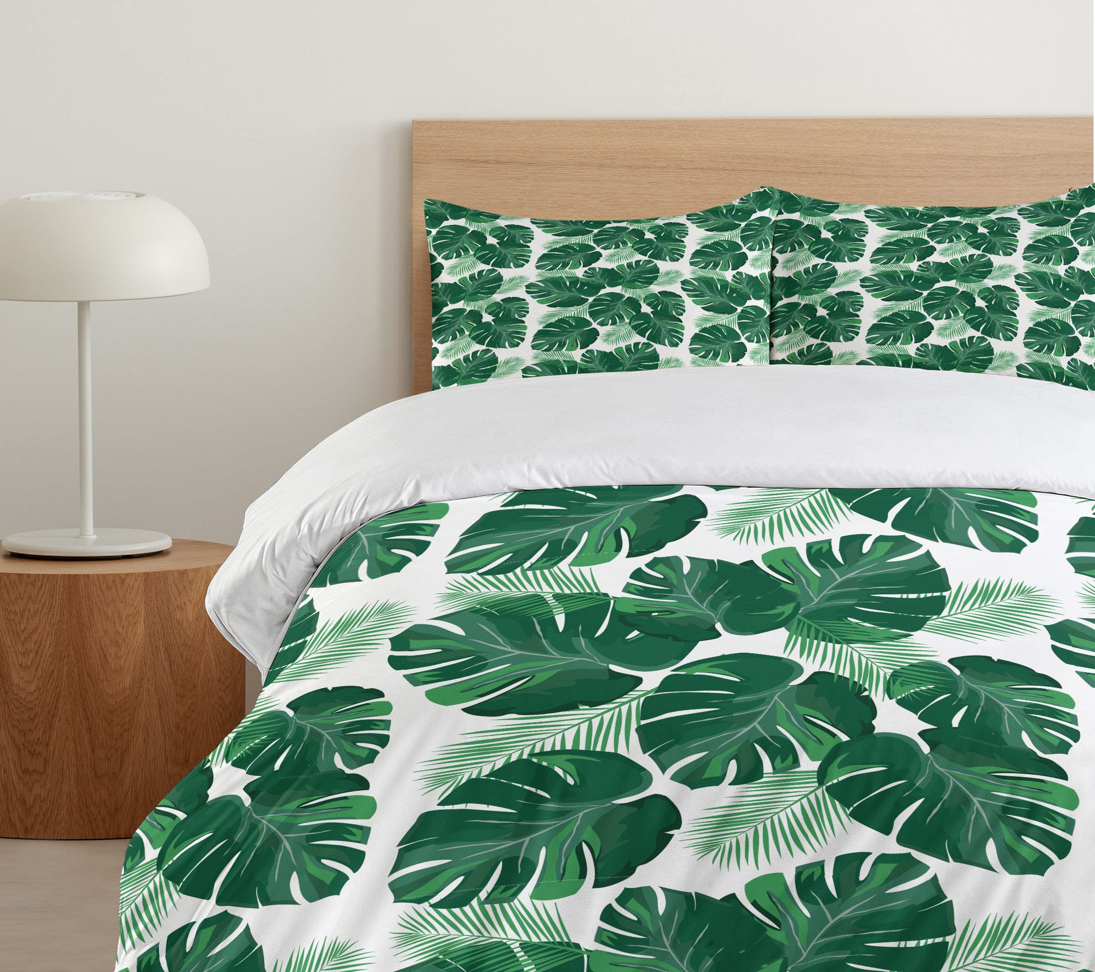 Ambesonne Monstera Leaf Duvet Cover Set - King Size 3-Piece Bedding with 2 Pillow Shams, White & Jade Green Tropical Botanical Print - Perfect for Bohemian & Jungle Theme Bedrooms