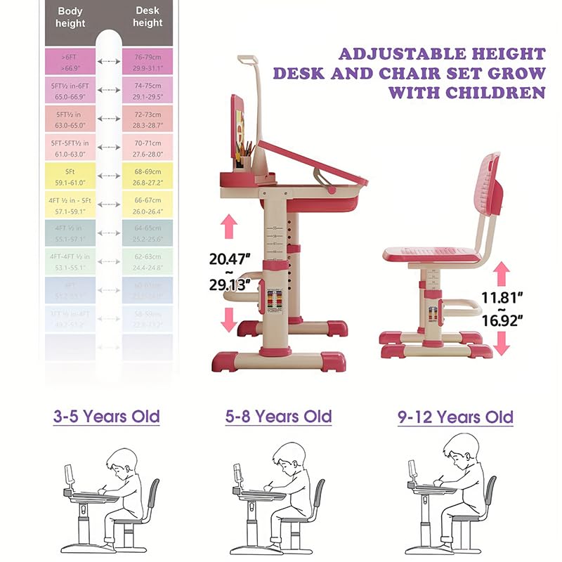 Adjustable Kids Desk and Chair Set with LED Light & Storage Drawer - Ergonomic Study Desk for Children, Tiltable Desktop for Drawing, Reading & Homework - Perfect for Bedroom, Homeschooling & Playroom (Pink)