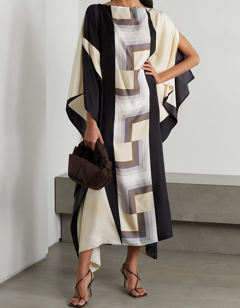 Black and Cream Soft Silk Crepe Kaftan - Elegant Loungewear for Women | Perfect for Beach Cover-ups, Summer Dresses & Boho Chic Outfits