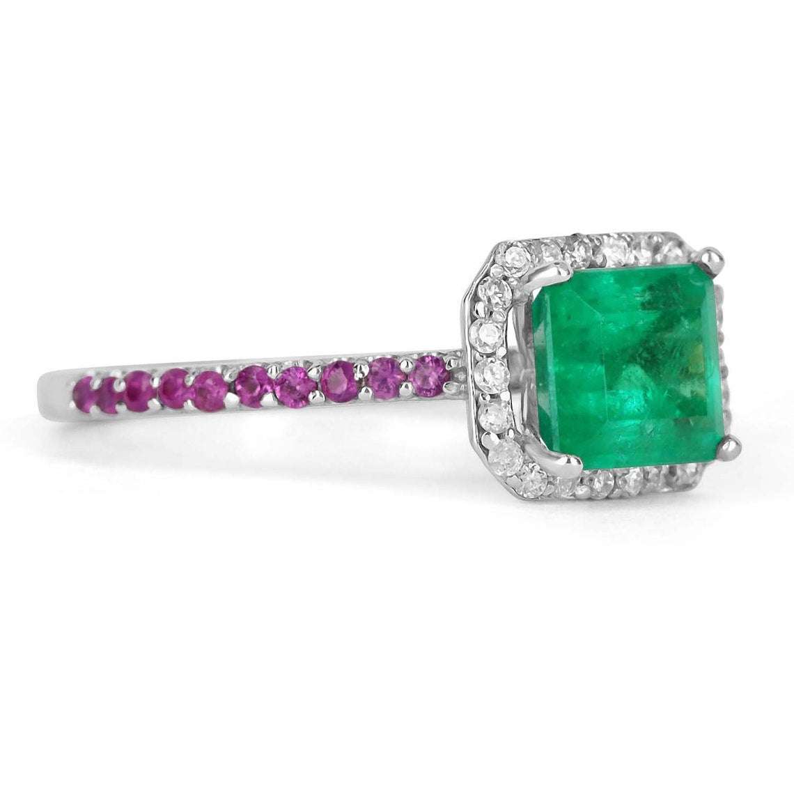 3.65tcw Emerald Cut Emerald & Pink Sapphire Diamond Accent Ring in 14K Gold - Elegant Jewelry for Weddings, Anniversaries & Special Occasions