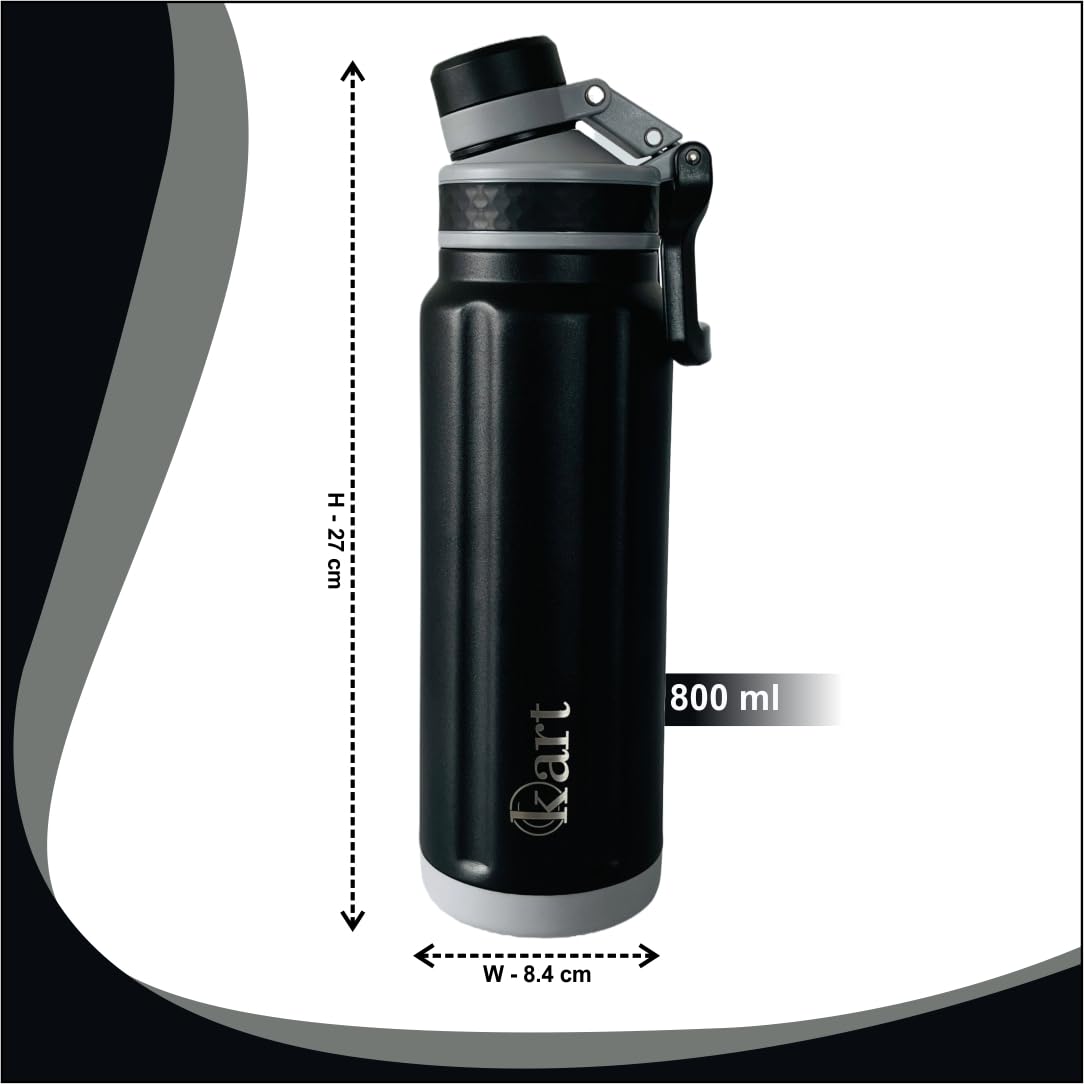 Kart Insulated Stainless Steel Water Bottle 800ml - 24 Hours Hot & Cold Retention, ISI Certified, Leak & Rust Proof - Perfect for Gym, Hiking, Office, Travel & Outdoor Activities (Black)