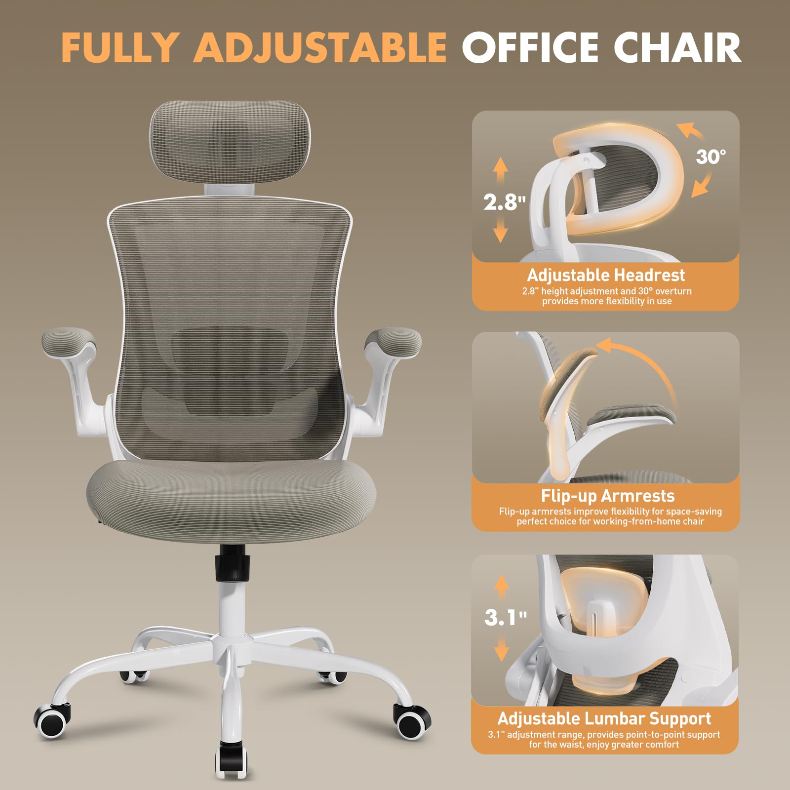 Ergonomic Office Chair with Adjustable Lumbar Support & Headrest - High Back Mesh Computer Desk Chair with Flip-Up Armrests, Breathable & Comfortable for Home Office, Gaming & Study - Perfect for Long Work Hours & Remote Work (Khaki)