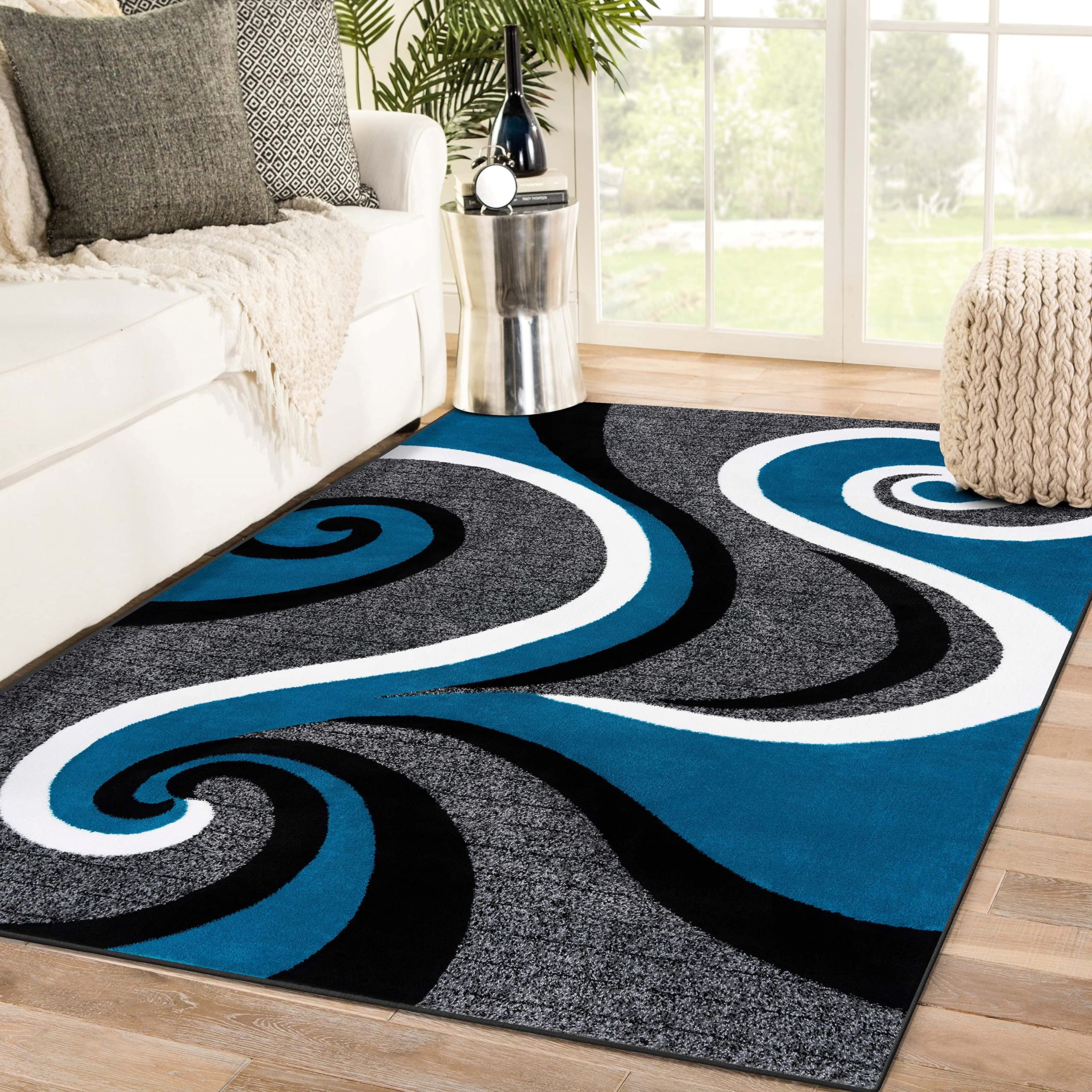 Luxury Persian Area Rugs - Contemporary Abstract Swirl Design in Turquoise - 5'2