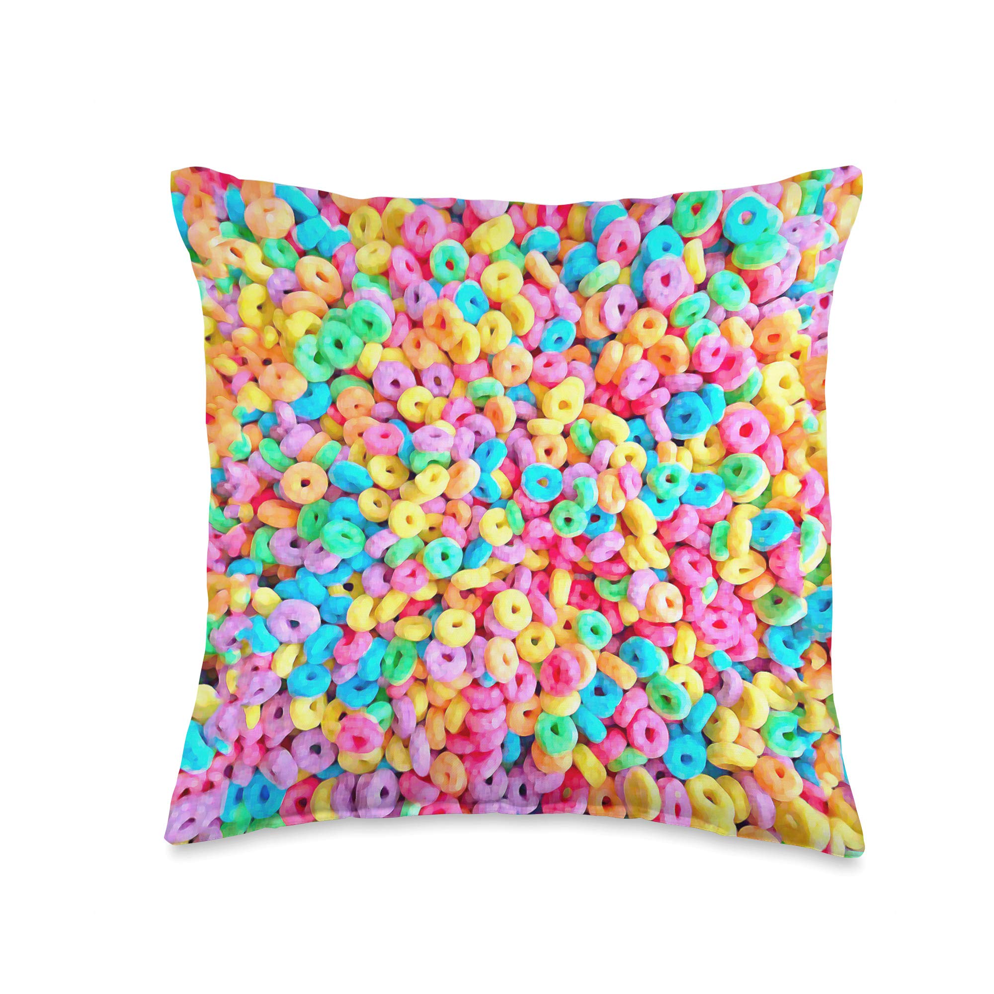 Fruit Loops Cereal Pattern Throw Pillow - Colorful Breakfast-Themed Cushion Cover for Home Decor, Bedroom, Living Room, Dorm Room