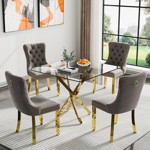 Gold Square Table With 4 Grey Chairs