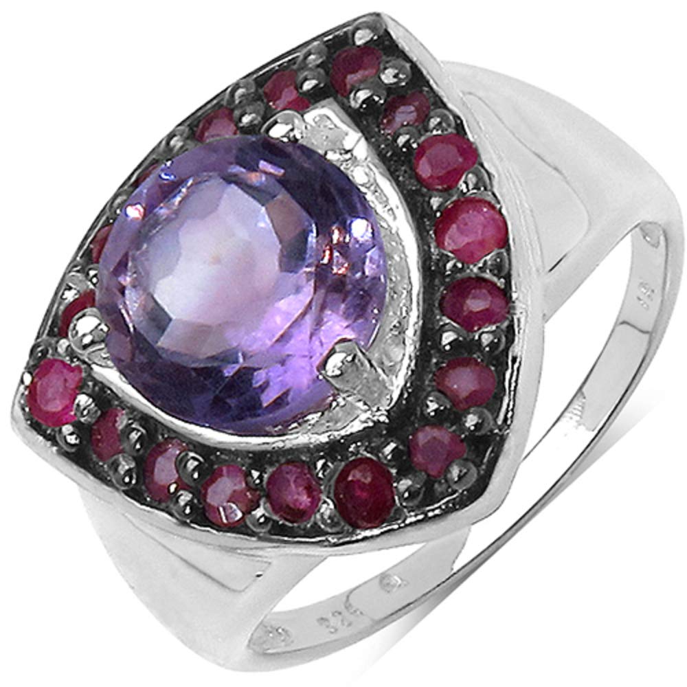 Genuine Sterling Silver Round Amethyst and Ruby Ring for Women - Size 7.00 | Elegant Purple & Red Gemstone Jewelry for Wedding, Anniversary & Special Occasions