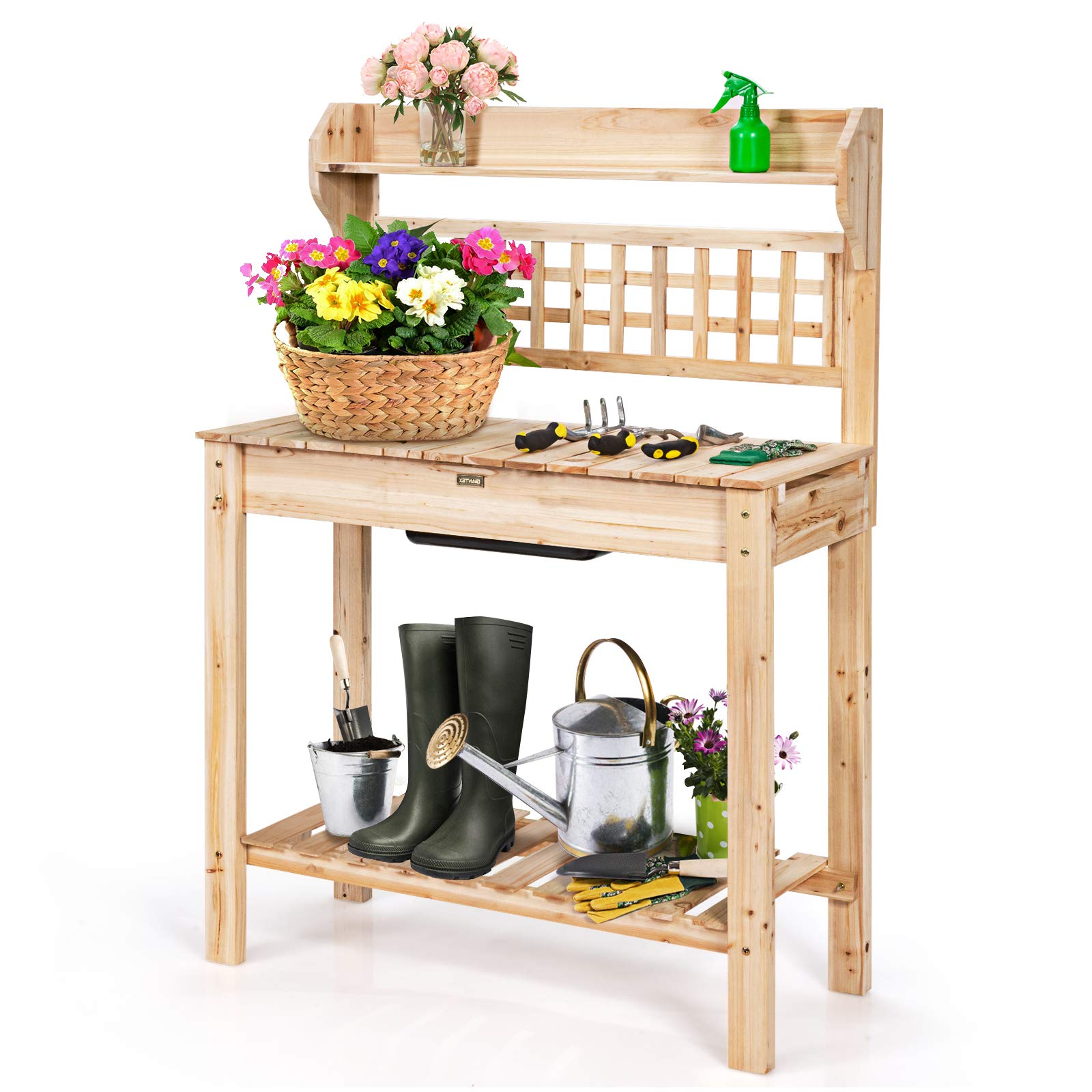 **Heavy Duty Potting Bench with Sliding Tabletop & Removable Sink - Wooden Garden Workstation with Storage Shelves - Perfect for Planting, Gardening, Backyard, Patio & Balcony Use**