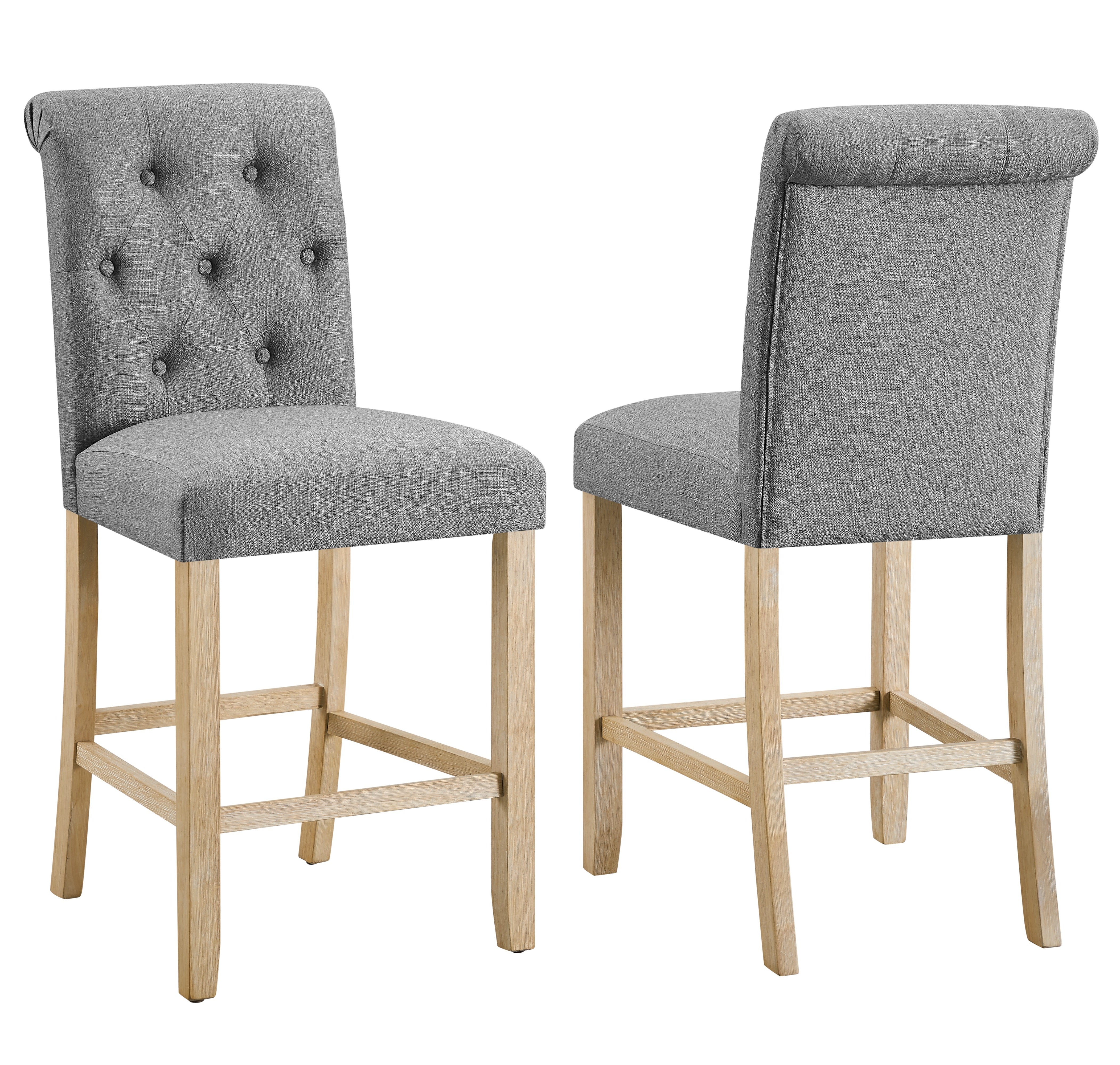 Roundhill Furniture Siena Counter Height Bar Stools - Set of 2, Gray, Solid Wood Construction with Button Tufted Back - Perfect for Kitchen Islands, Breakfast Bars & Home Decor