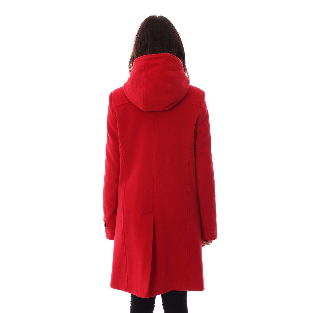 Women's Red Hooded Wool Cashmere Duffle Coat Jacket with Pockets - Warm Winter Outerwear for Casual Outings & Travel
