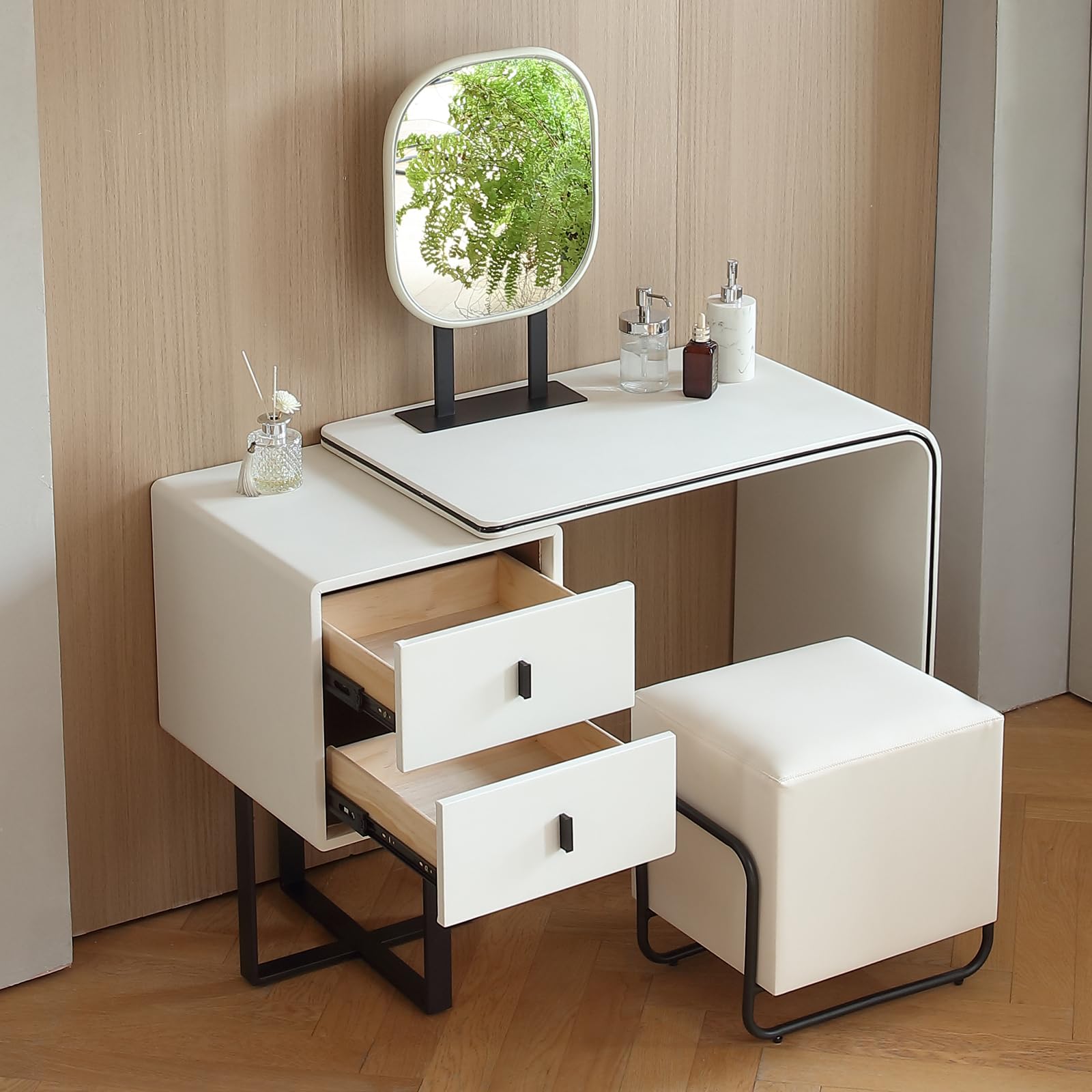 White Faux Leather Makeup Vanity Desk Set with Stool & Mirror | Small Dressing Table for Bedroom | Perfect for Cosmetics Storage & Beauty Routine