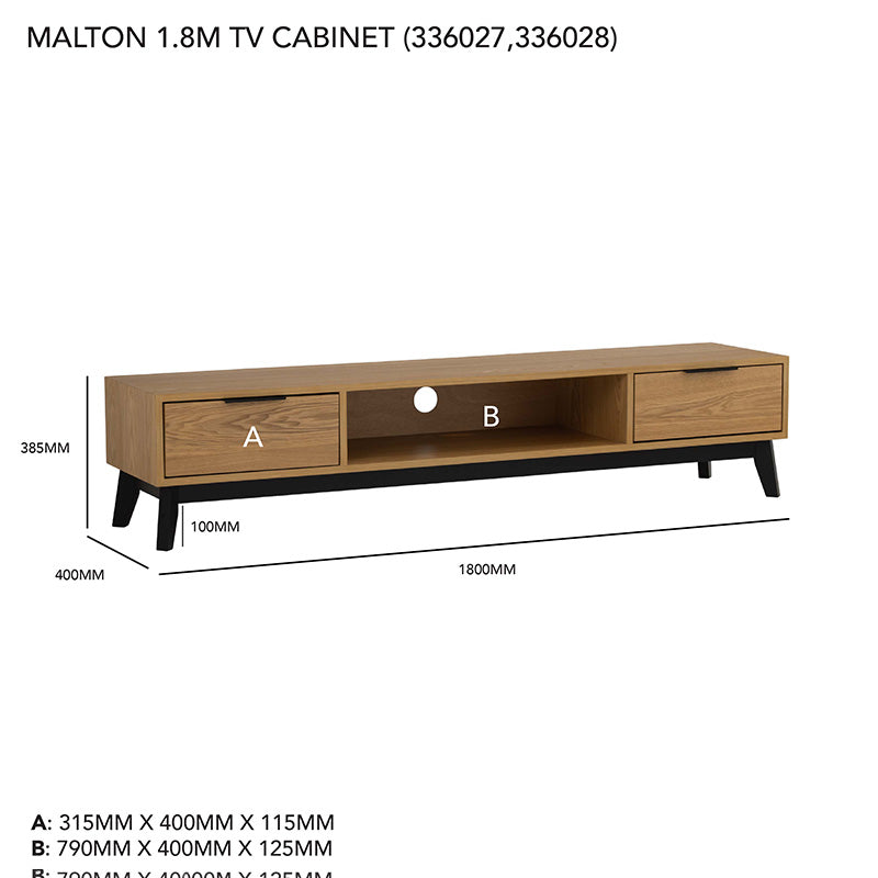 MALTON 180cm Walnut & Black Entertainment TV Stand - Modern TV Console for Living Room, Bedroom, Home Theater Setup