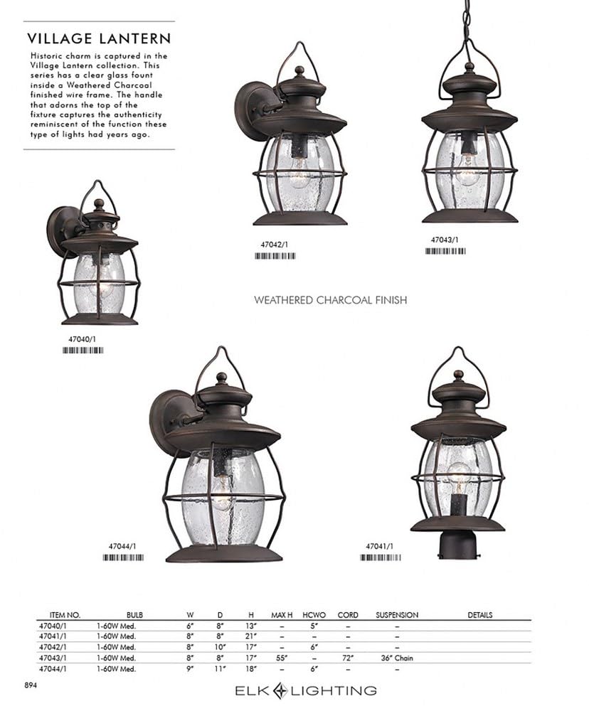 Elk Home Village Lantern 1-Light Wall Sconce - Weathered Charcoal Finish, Clear Seeded Glass, Traditional Style Outdoor Lighting for Porch, Patio, Garden, and Entryway Decor