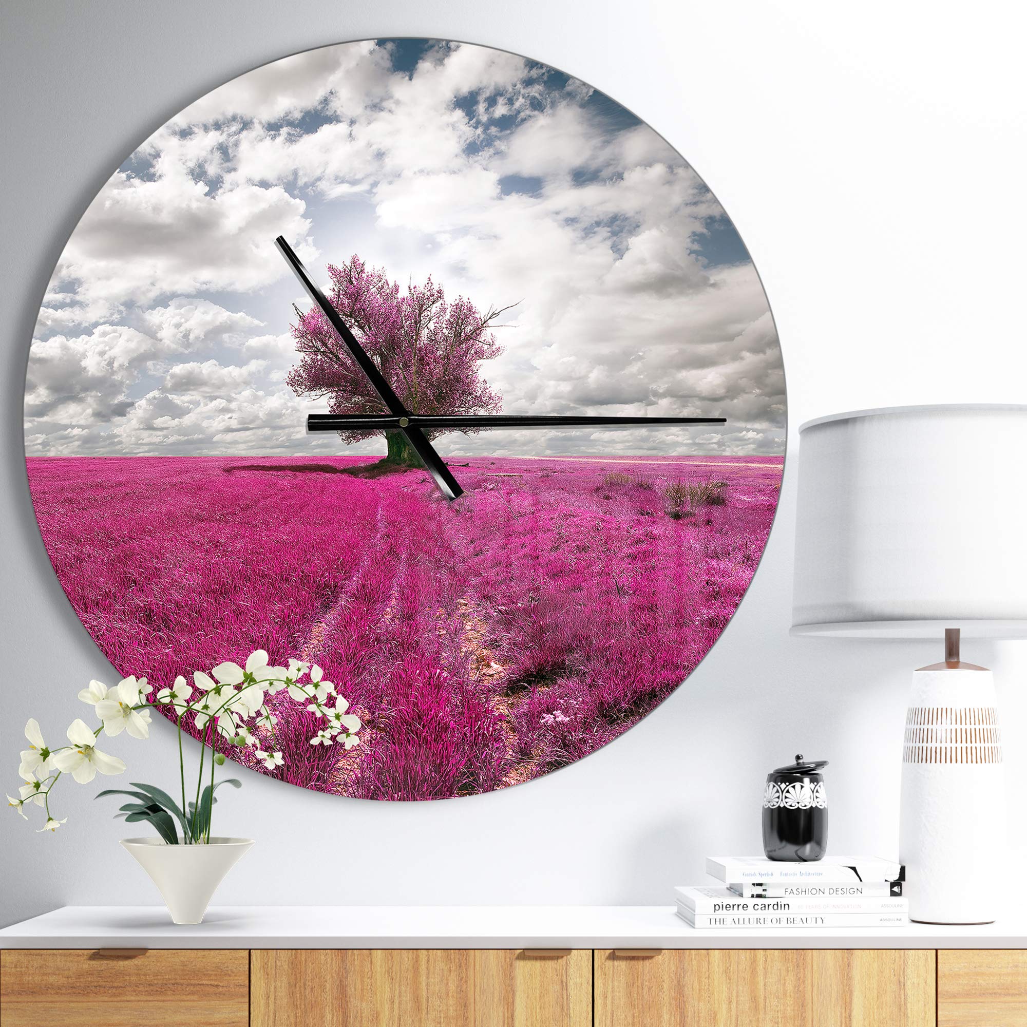 Designart Purple Tree Dreamscape Round Metal Wall Clock - Farmhouse Wall Decor for Home, Living Room, Bedroom & Office | Perfect for Rustic, Boho & Modern Interior Design Styles