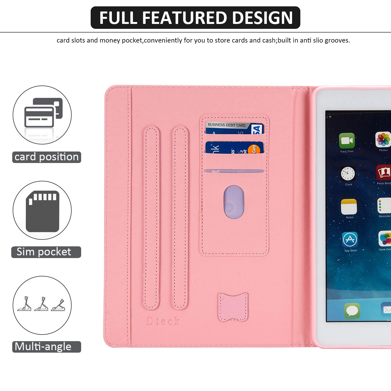 Dteck iPad 9.7 Case (2017/2018) & iPad Air 2/Air Case - Premium PU Leather Smart Cover with Auto Wake/Sleep, Adjustable Stand & Soft Rubber Back - Strawberry Color - Perfect for Work, Travel & Home Use