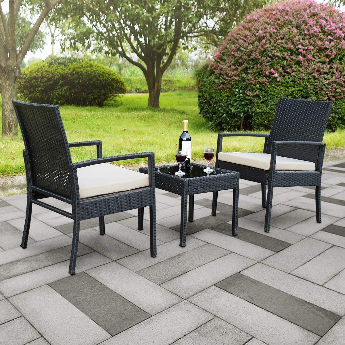 3-Piece Black Wicker Rattan Outdoor Patio Furniture Set with 2 Cushioned Chairs & End Table - Perfect for Garden, Balcony, and Backyard Relaxation