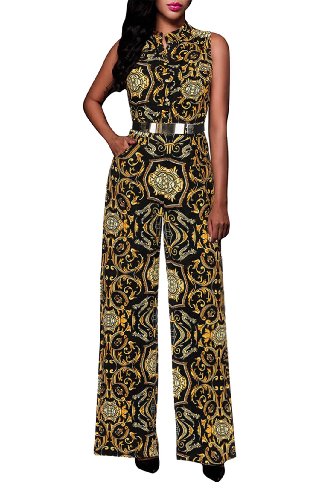Women's Pink Queen Printed Button Up Wide Leg Jumpsuit with Belt - Elegant Party Outfit for Weddings, Dinners & Special Events