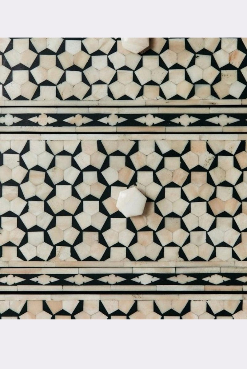 Handmade Bone Inlay Targua Dresser - 4 Drawer Black & White Vintage Storage Cabinet for Bedroom, Living Room & Entryway Organization