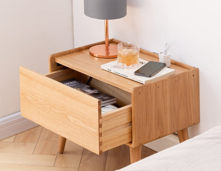 Solid Oak Wood Nightstand with Built-in USB Outlet - Perfect for Bedroom, Living Room, or Office Use