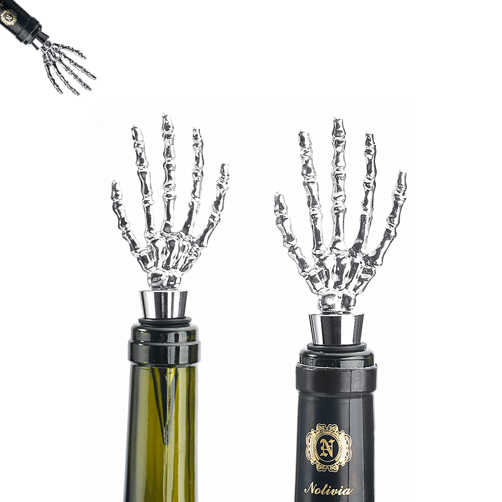 2 Pack Ghost Hand Wine Bottle Stoppers - Reusable & Leak Proof Silicone Wine Cork Sealers for Wine Lovers - Halloween Party Decor, Wine Accessories & Bar Essentials (Silver)