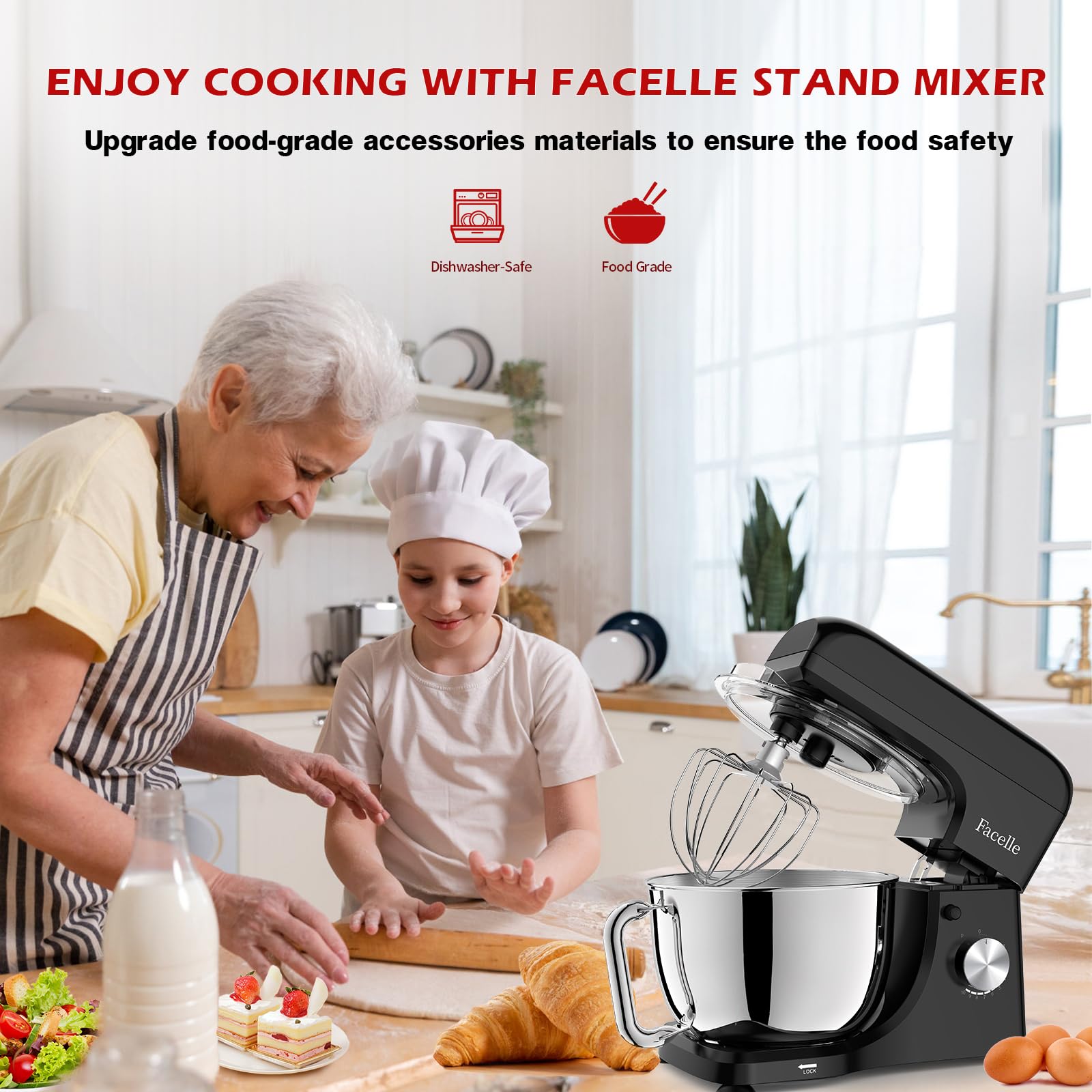 Facelle 5.5Qt Stand Mixer - 10+ Speed Tilt-Head Electric Kitchen Mixer with Stainless Steel Bowl, Dough Hook, Whisk & Beater - Perfect for Baking Cakes, Cookies, Bread & More | Ideal for Home Bakers & Professional Kitchens