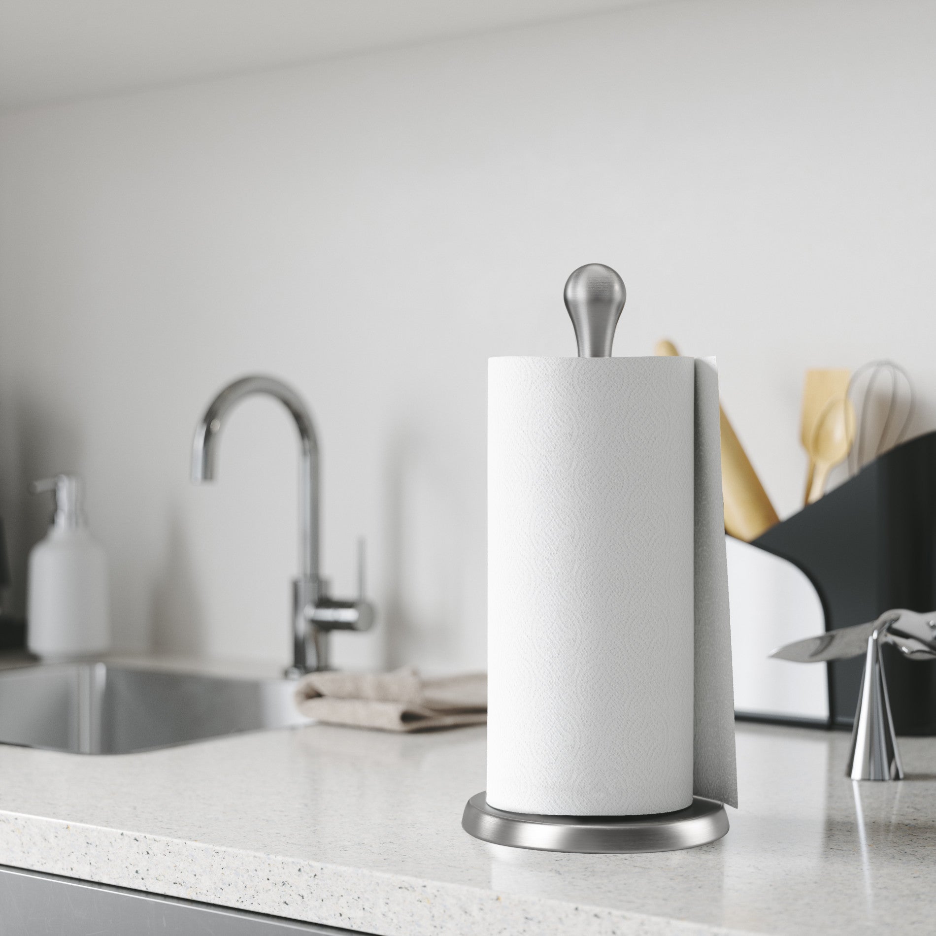 Stainless Steel Tug Paper Towel Holder - Wall Mount or Countertop - Perfect for Kitchen, Bathroom, and Office Use