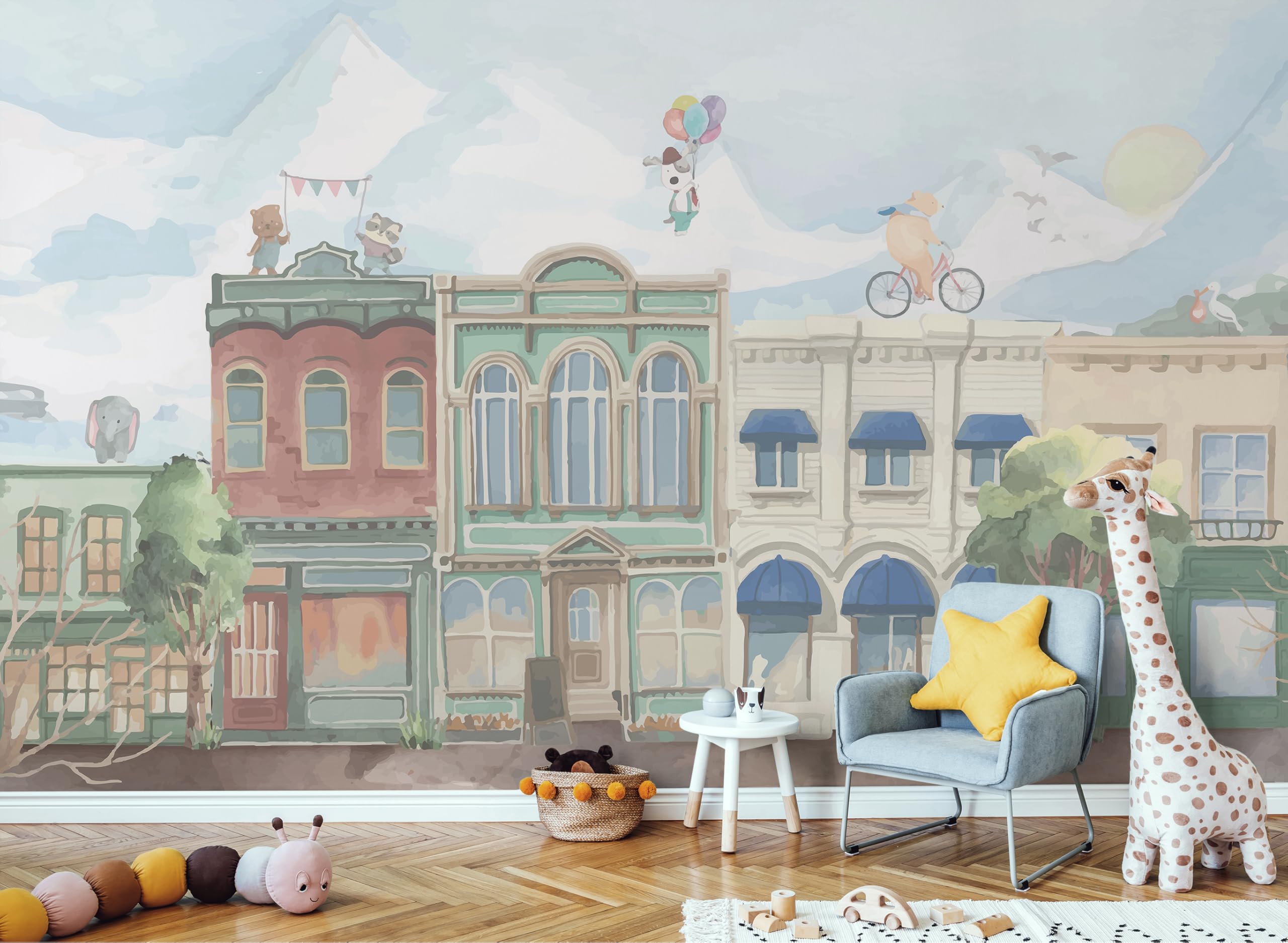 Murwall Kids Wallpaper - Watercolor Village & Animal Cartoon Wall Mural for Nursery & Playroom Decor | Easy-to-Apply Removable Wall Stickers for Boys & Girls Bedrooms | Perfect for DIY Home Decor & Children's Play Areas