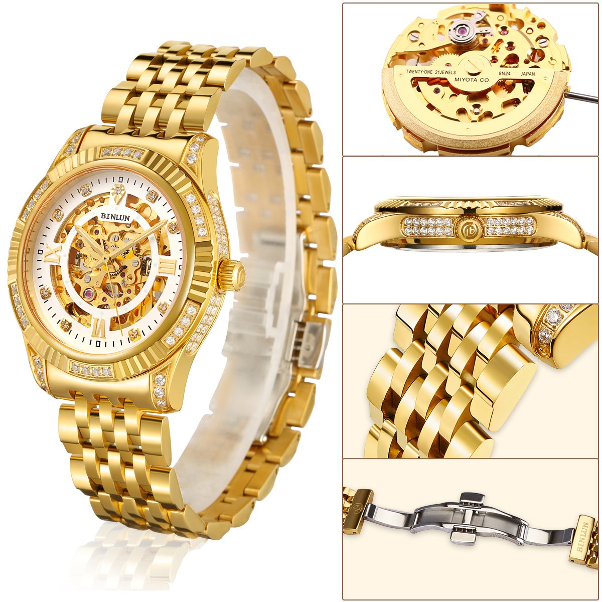 BINLUN Automatic Mechanical Men's Wrist Watch - 18K Gold-Plated Self-Winding Luxury Watch for Men | Perfect for Business, Formal Events & Everyday Wear